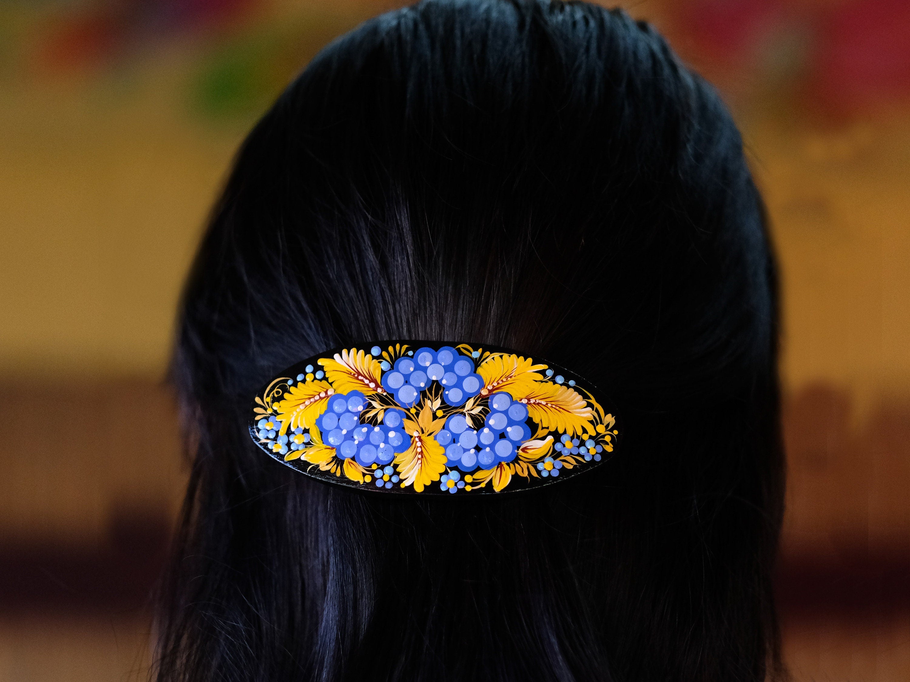 Ukraine hair barrette, Blue and yellow barrette, French hair barrette, Wooden hair clip, Petrykivka flower barrette, Hair barrette women