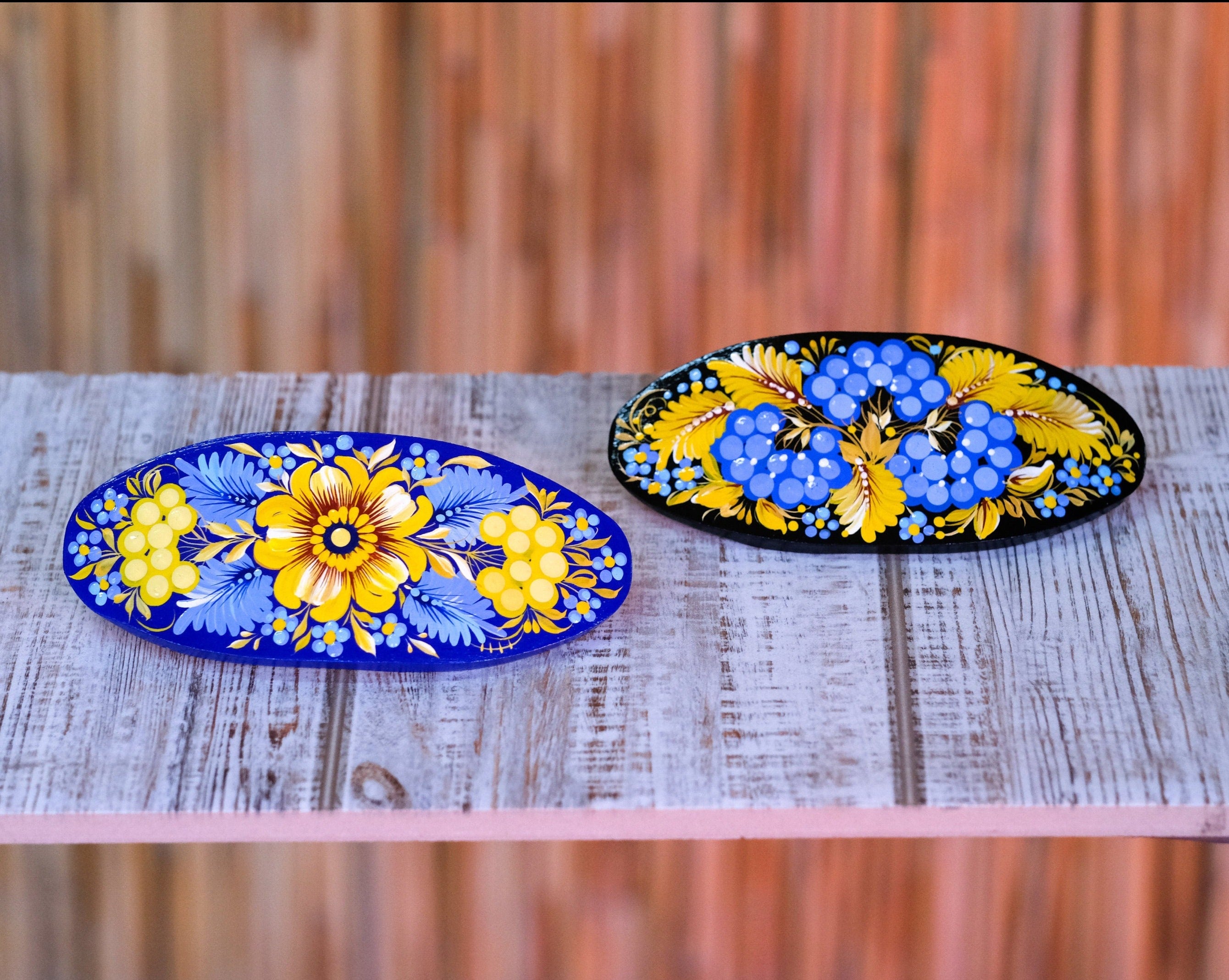 Ukraine hair barrette, Blue and yellow barrette, French hair barrette, Wooden hair clip, Petrykivka flower barrette, Hair barrette women