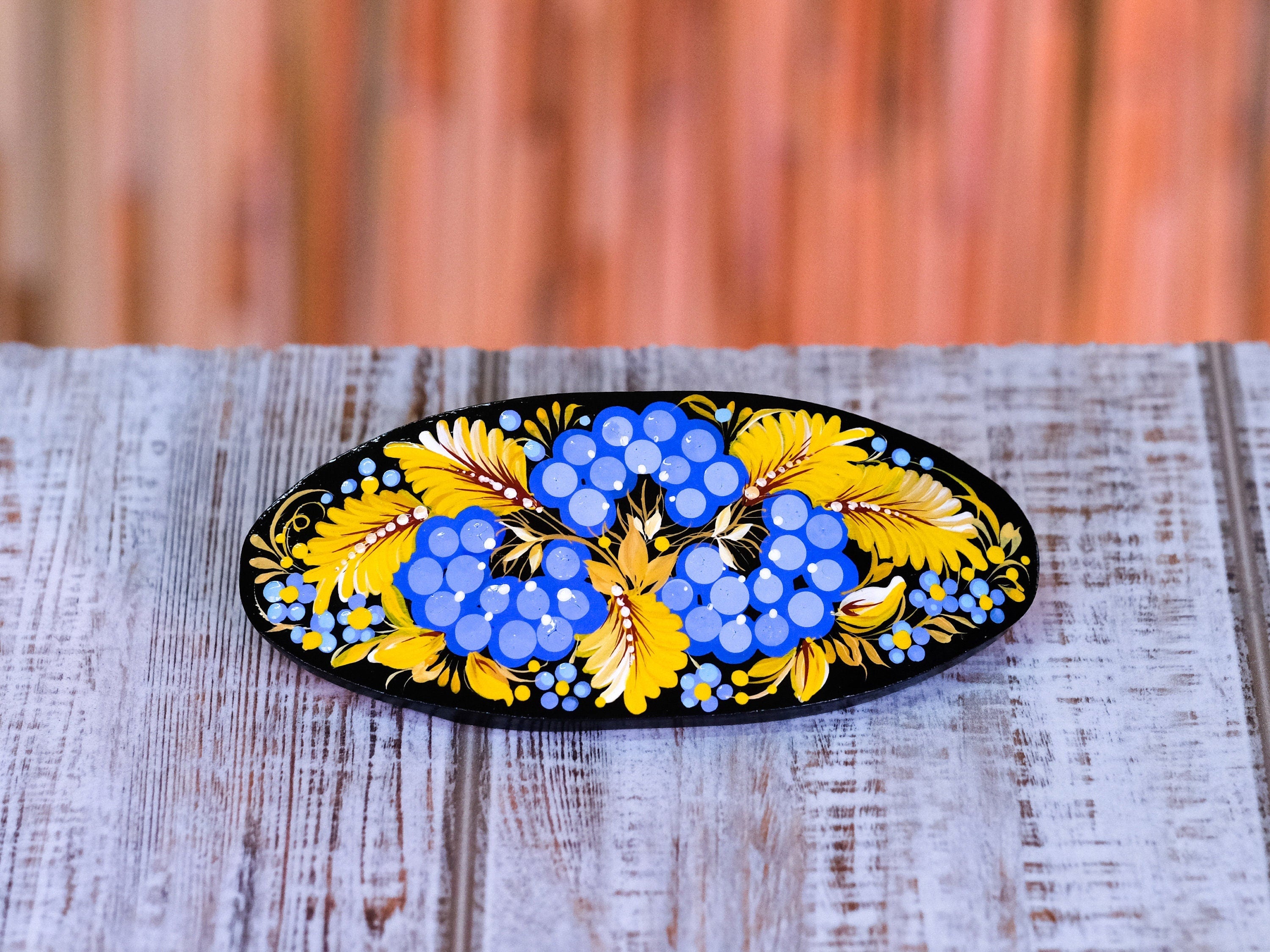 Ukraine hair barrette, Blue and yellow barrette, French hair barrette, Wooden hair clip, Petrykivka flower barrette, Hair barrette women