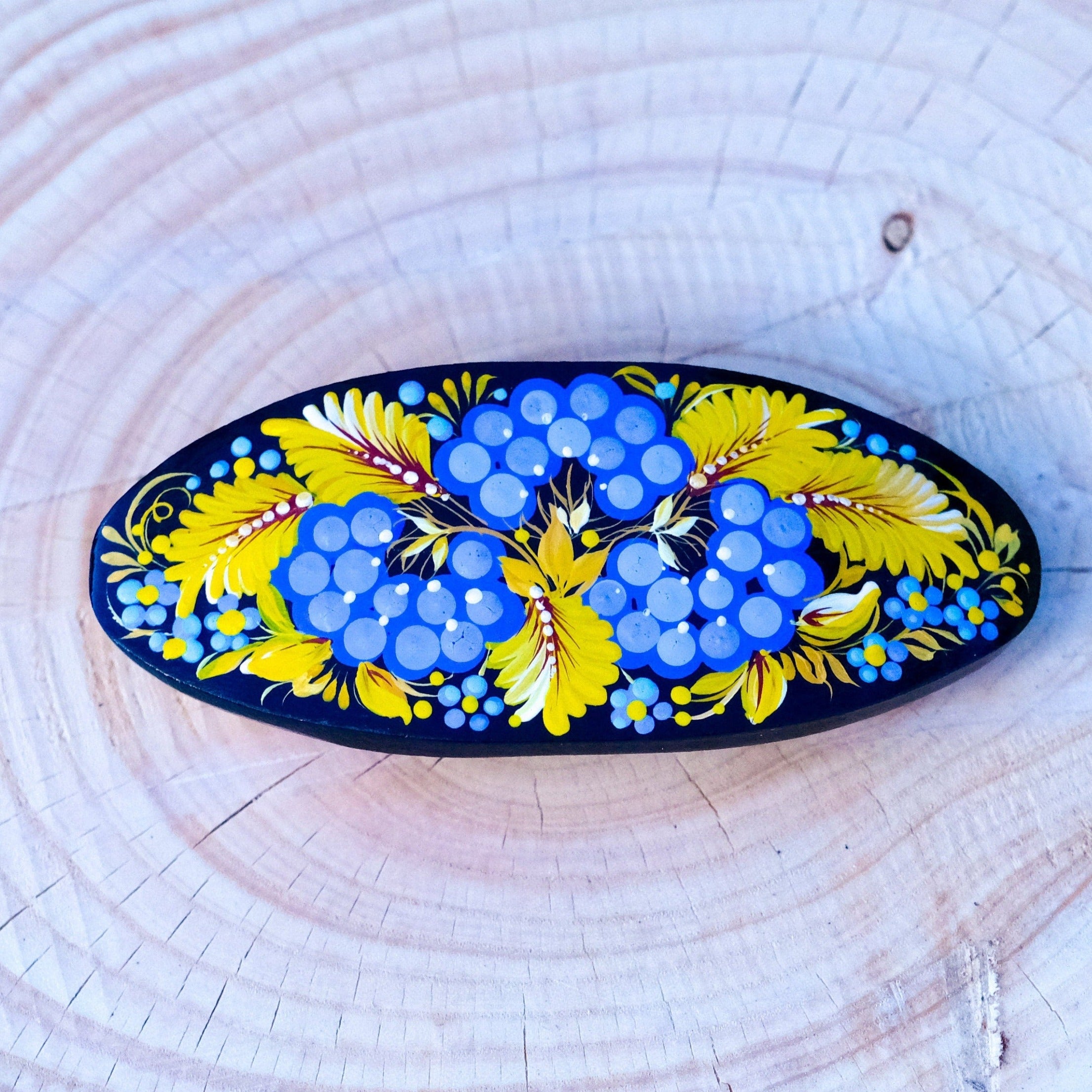 Ukraine hair barrette, Blue and yellow barrette, French hair barrette, Wooden hair clip, Petrykivka flower barrette, Hair barrette women