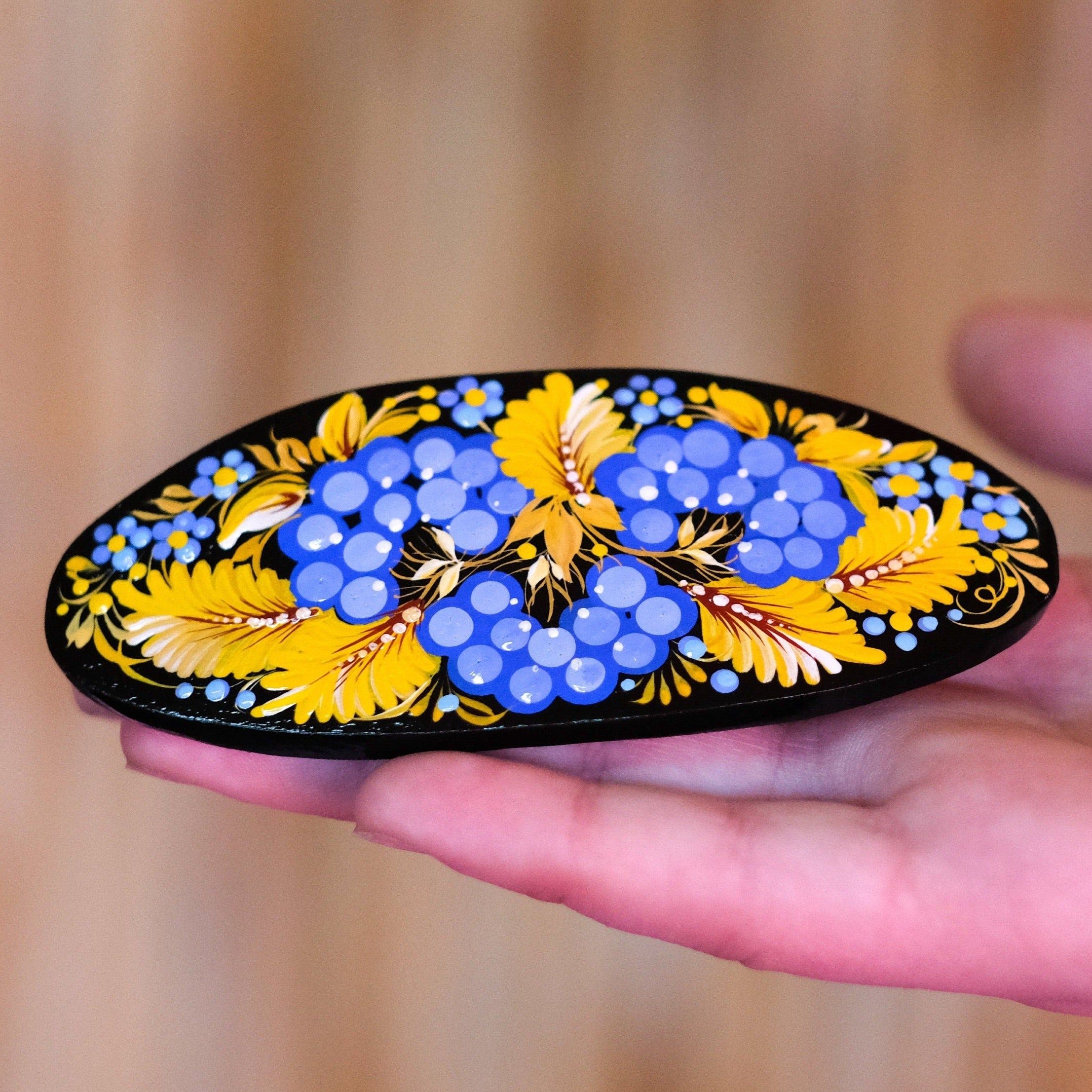 Ukraine hair barrette, Blue and yellow barrette, French hair barrette, Wooden hair clip, Petrykivka flower barrette, Hair barrette women