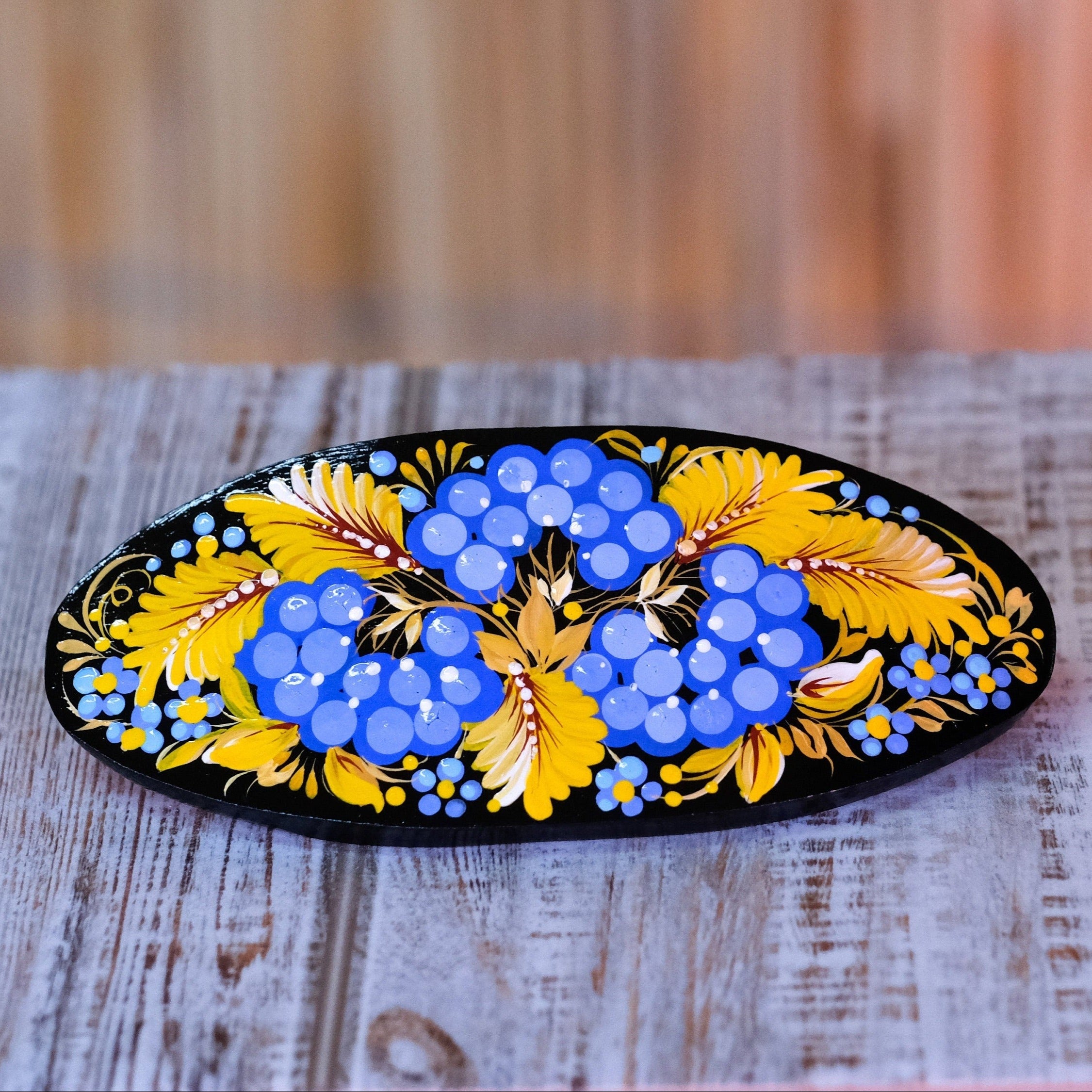 Ukraine hair barrette, Blue and yellow barrette, French hair barrette, Wooden hair clip, Petrykivka flower barrette, Hair barrette women