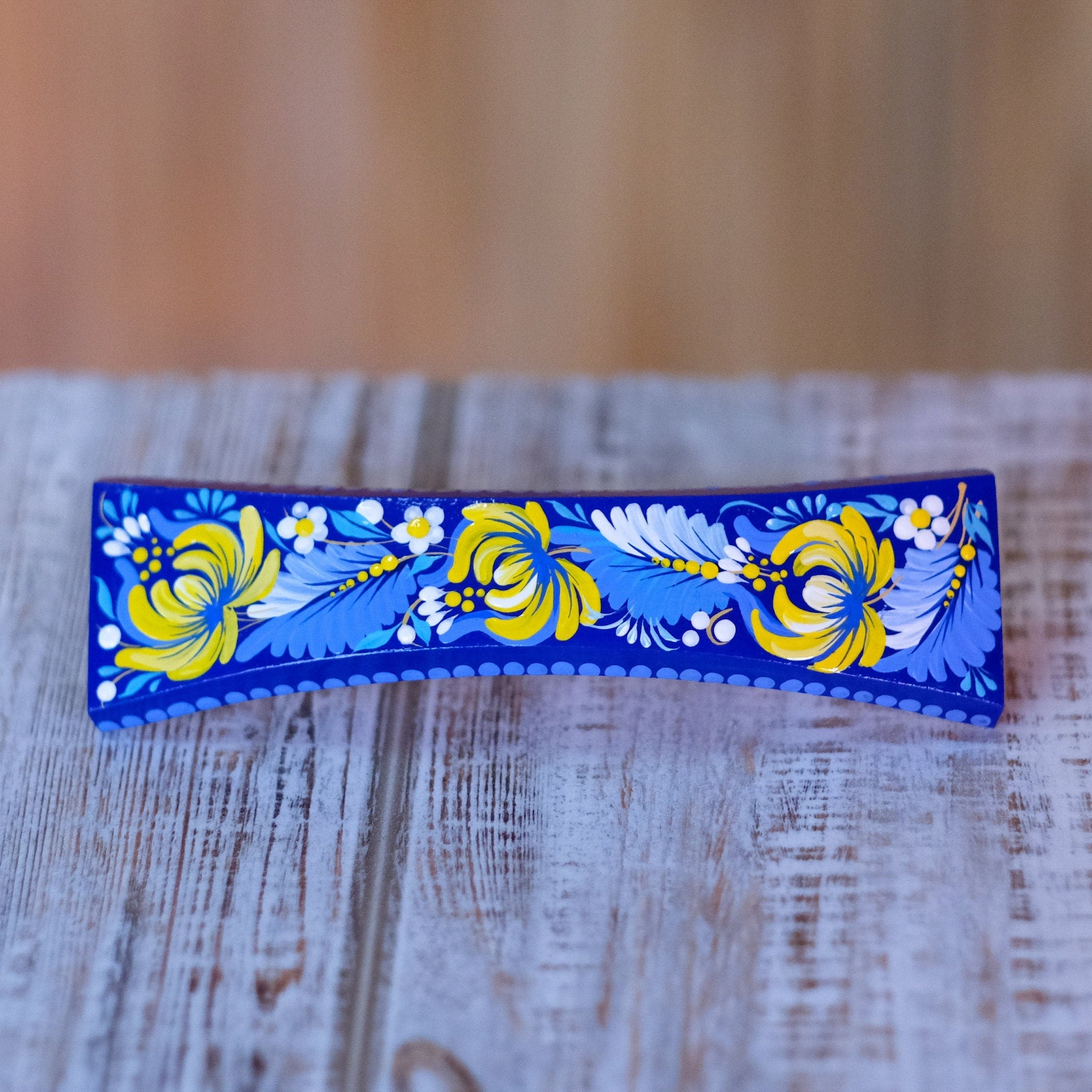 Ukraine hair barrette, Blue and yellow barrette, French hair barrette, Wooden hair clip, Petrykivka flower barrette, Hair barrette women