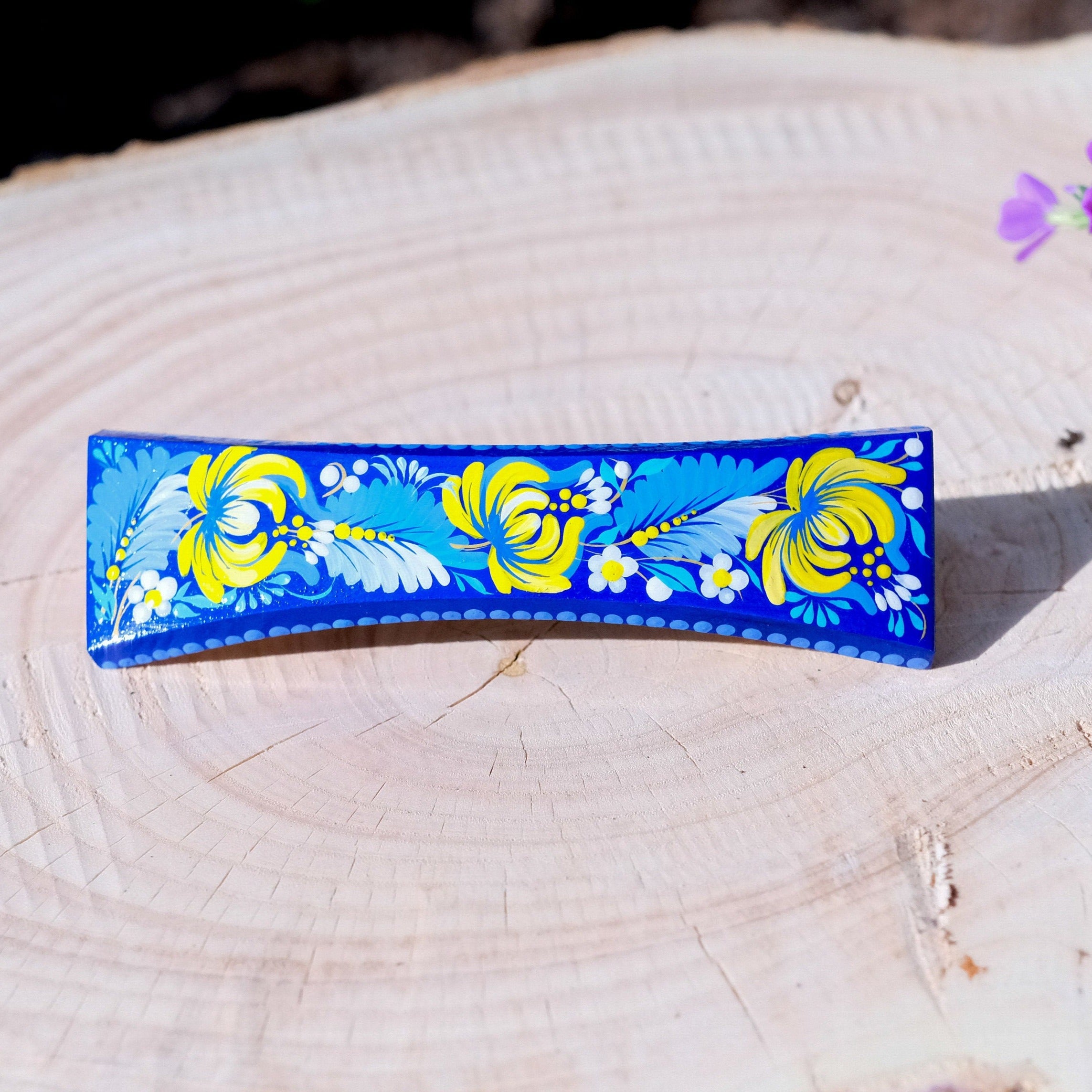 Ukraine hair barrette, Blue and yellow barrette, French hair barrette, Wooden hair clip, Petrykivka flower barrette, Hair barrette women