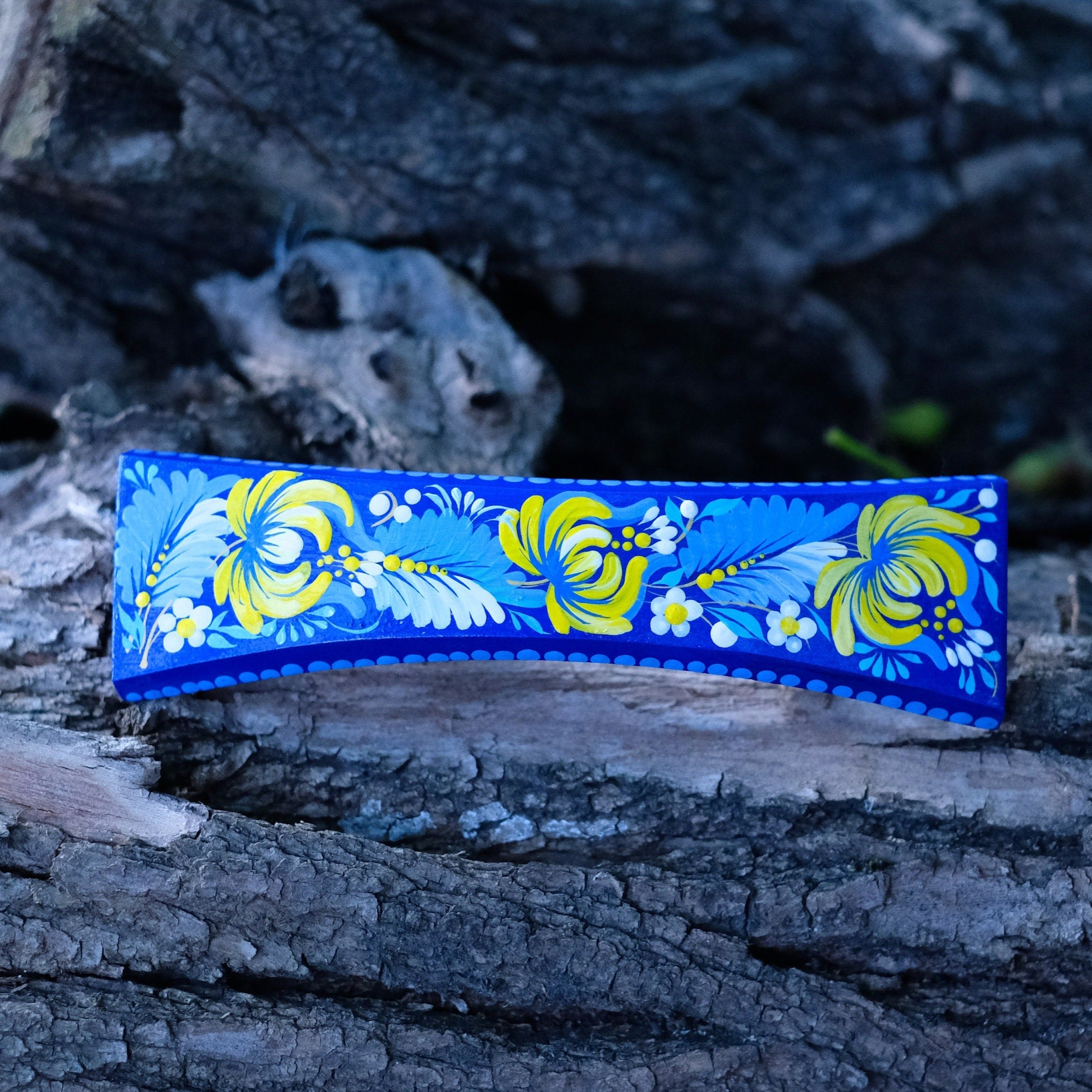 Ukraine hair barrette, Blue and yellow barrette, French hair barrette, Wooden hair clip, Petrykivka flower barrette, Hair barrette women