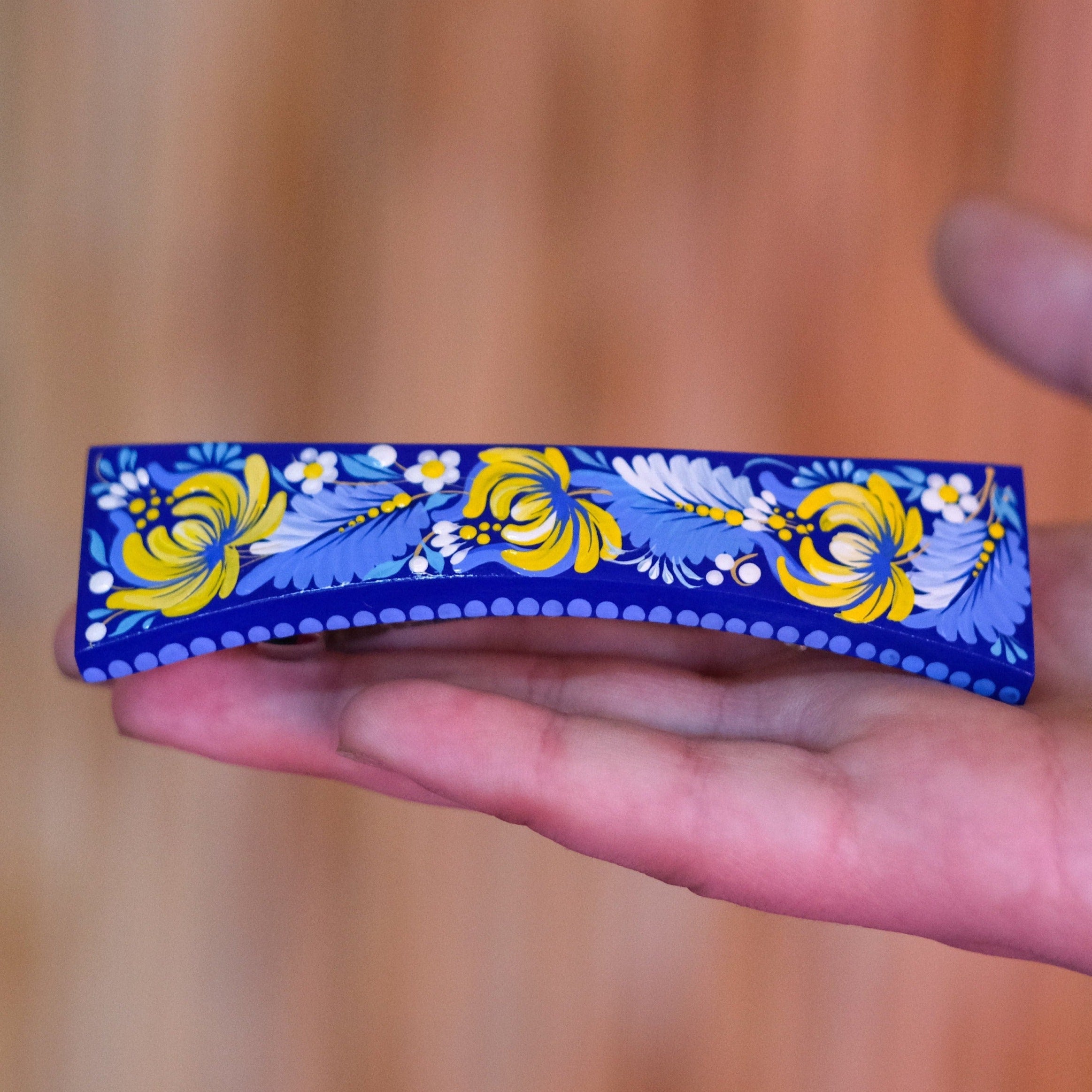 Ukraine hair barrette, Blue and yellow barrette, French hair barrette, Wooden hair clip, Petrykivka flower barrette, Hair barrette women