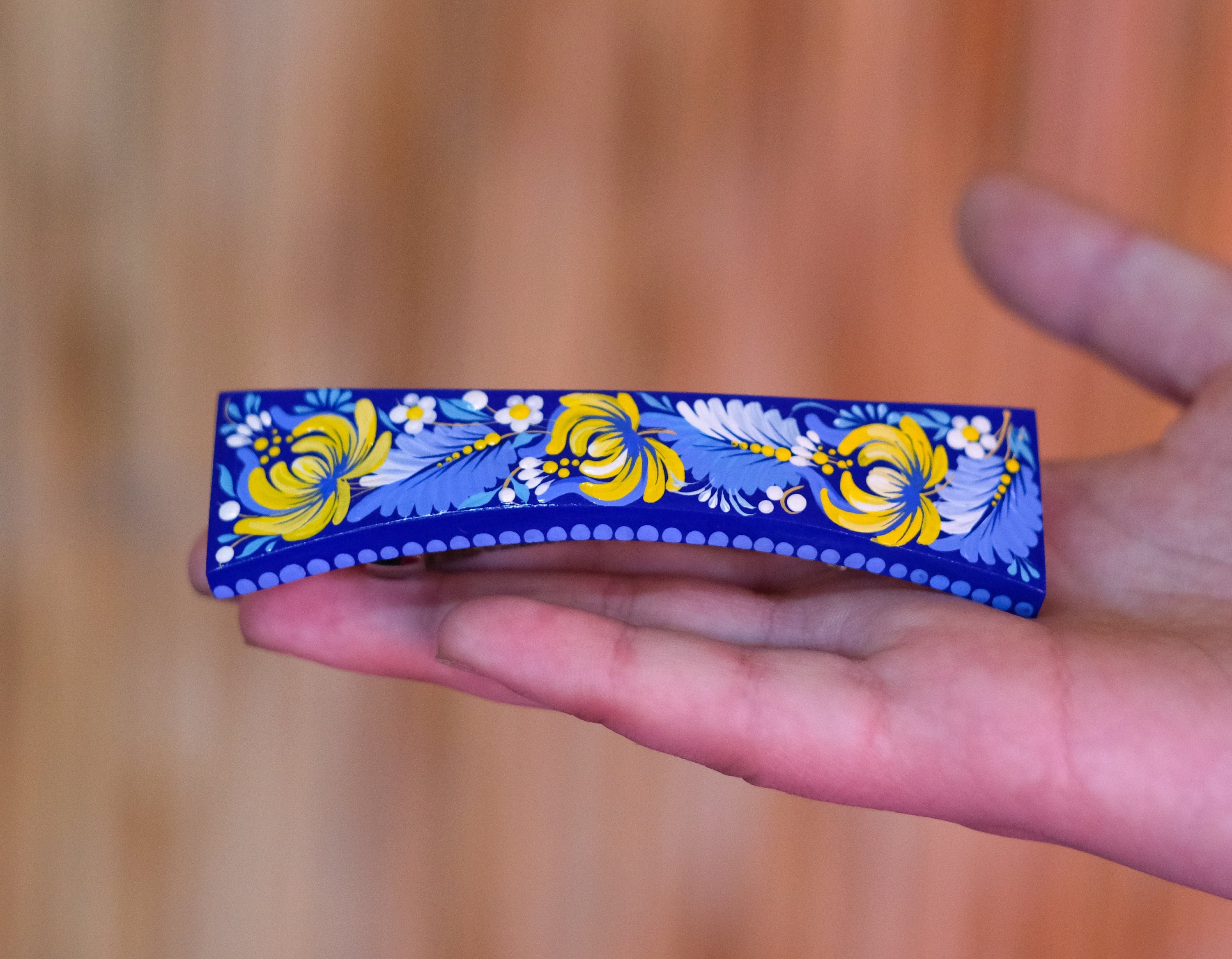 Painted Wooden Ukrainian Hair Barrette with Adjustable Fit - Artisanal Petrykivka Art French Hair Clip, Blue and Yellow Flower Barrette