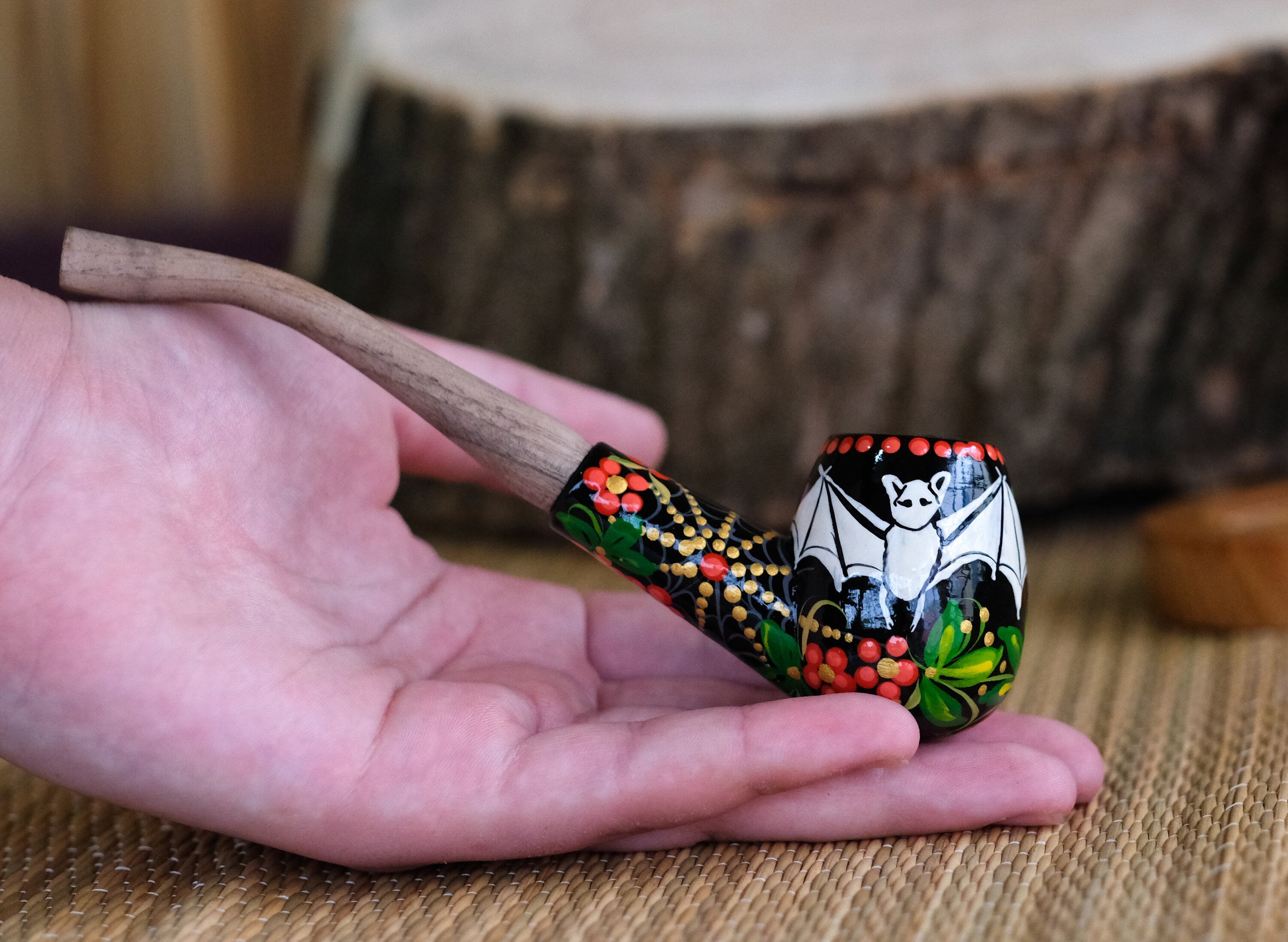 Painted Flying Bat Smoking Pipe - Halloween Wooden Tobacco Pipe Made in Ukraine