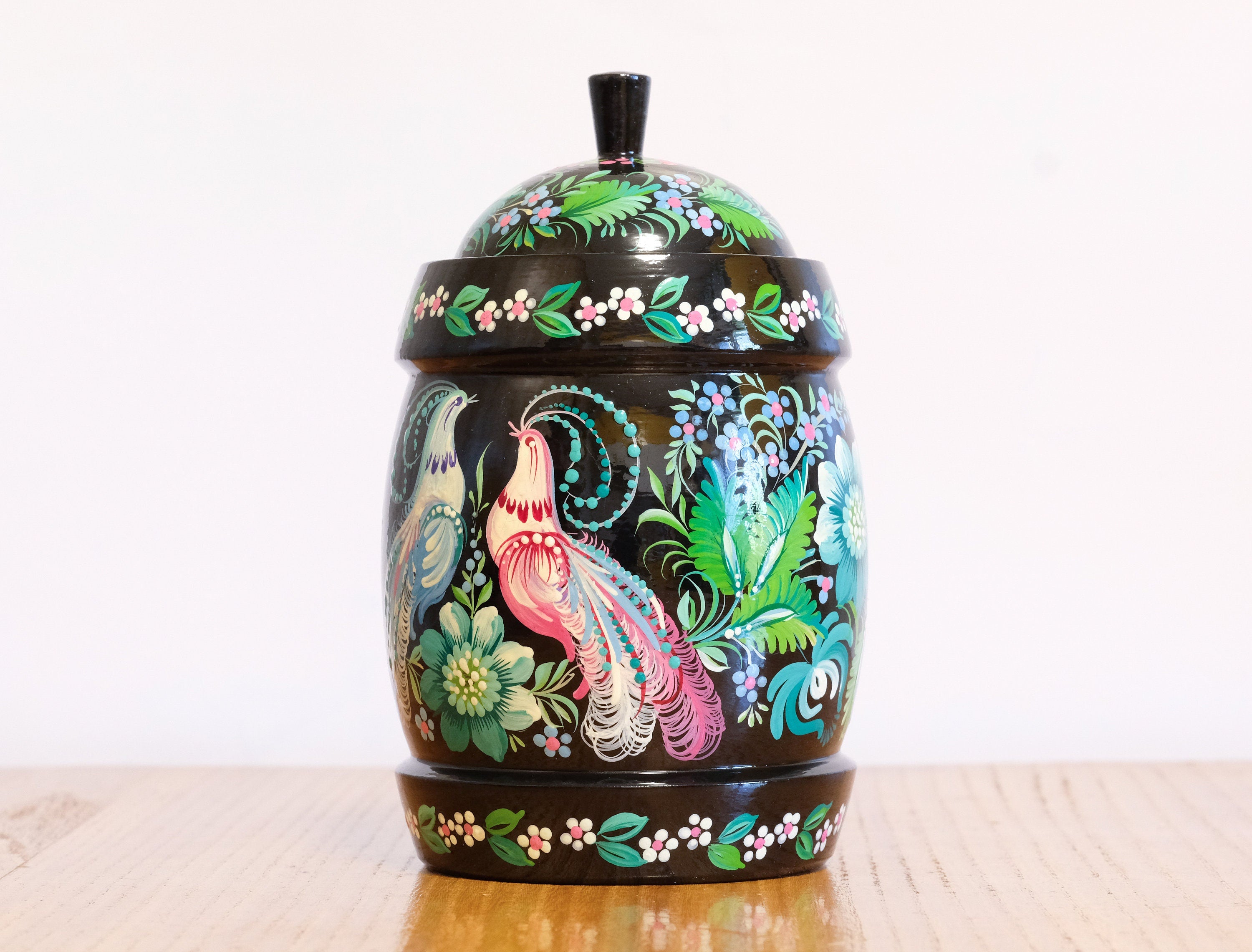Wooden Jar with Lid - Hand-painted Emerald Green Fairy Bird Kitchen Canister, Ukrainian Folk Art Petrykivka