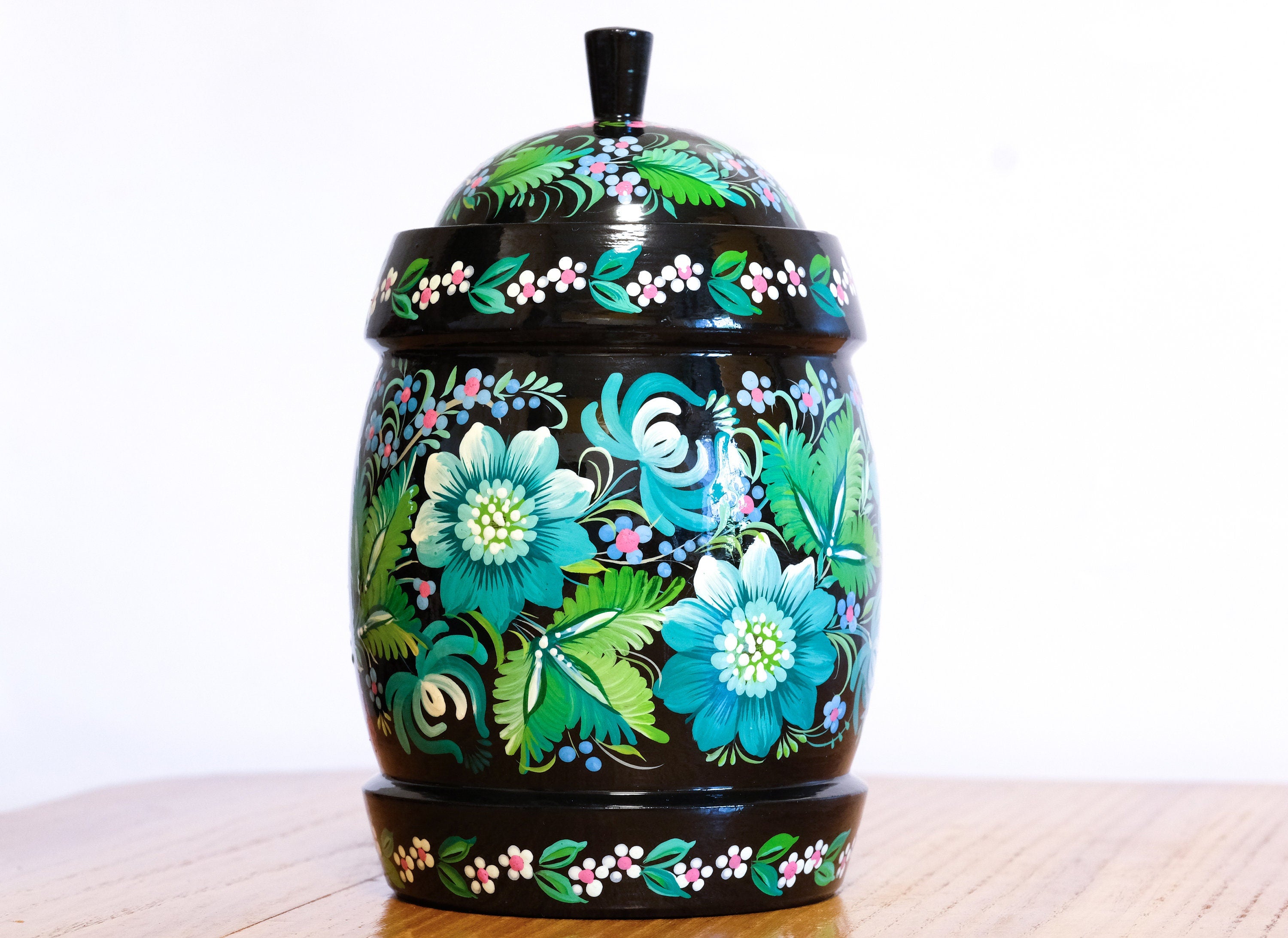 Wooden Jar with Lid - Hand-painted Emerald Green Fairy Bird Kitchen Canister, Ukrainian Folk Art Petrykivka