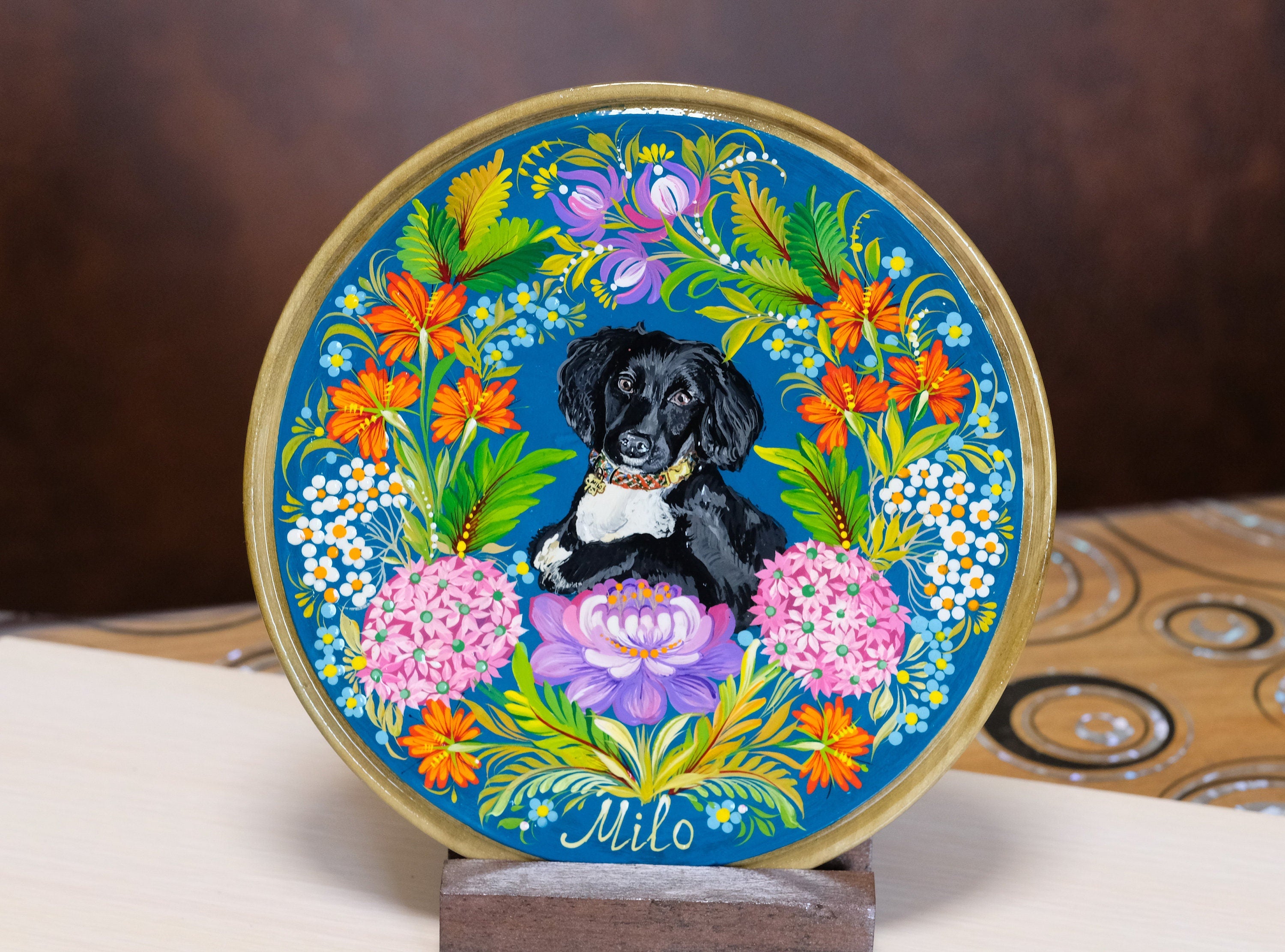 Custom Pet Portrait Painting on Wooden Plate - Personalized Pet Loss Memorial Gift, Animal Portrait Decorated with Petrykivka Art