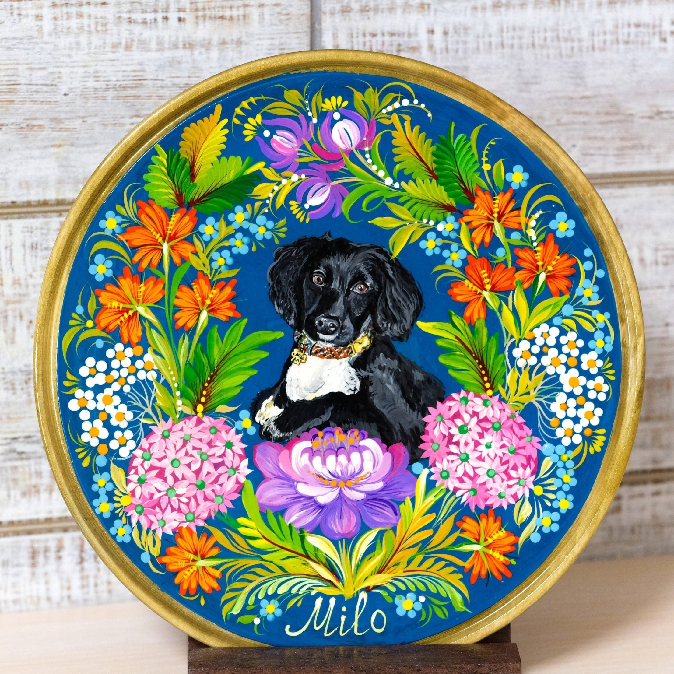 Custom pet portrait on wood, Ukraine Petrykivka art, Portrait from photo, Hand painted pet dog, Personalized pet ornament, Pet memorial gift