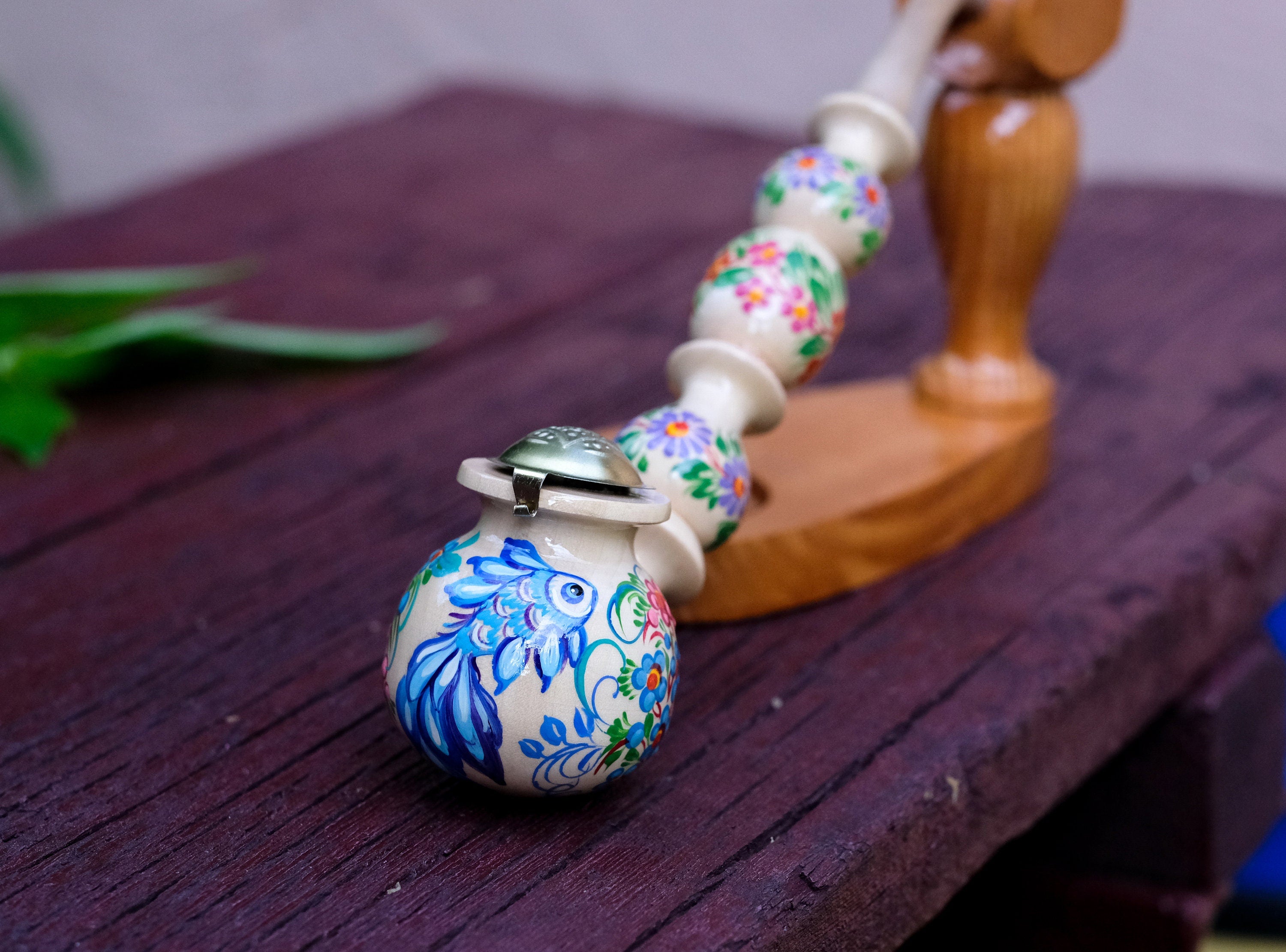 Long Wooden Fish Smoking Pipe - Hand-painted Tobacco Pipe with Ukrainian Folk Art Petrykivka