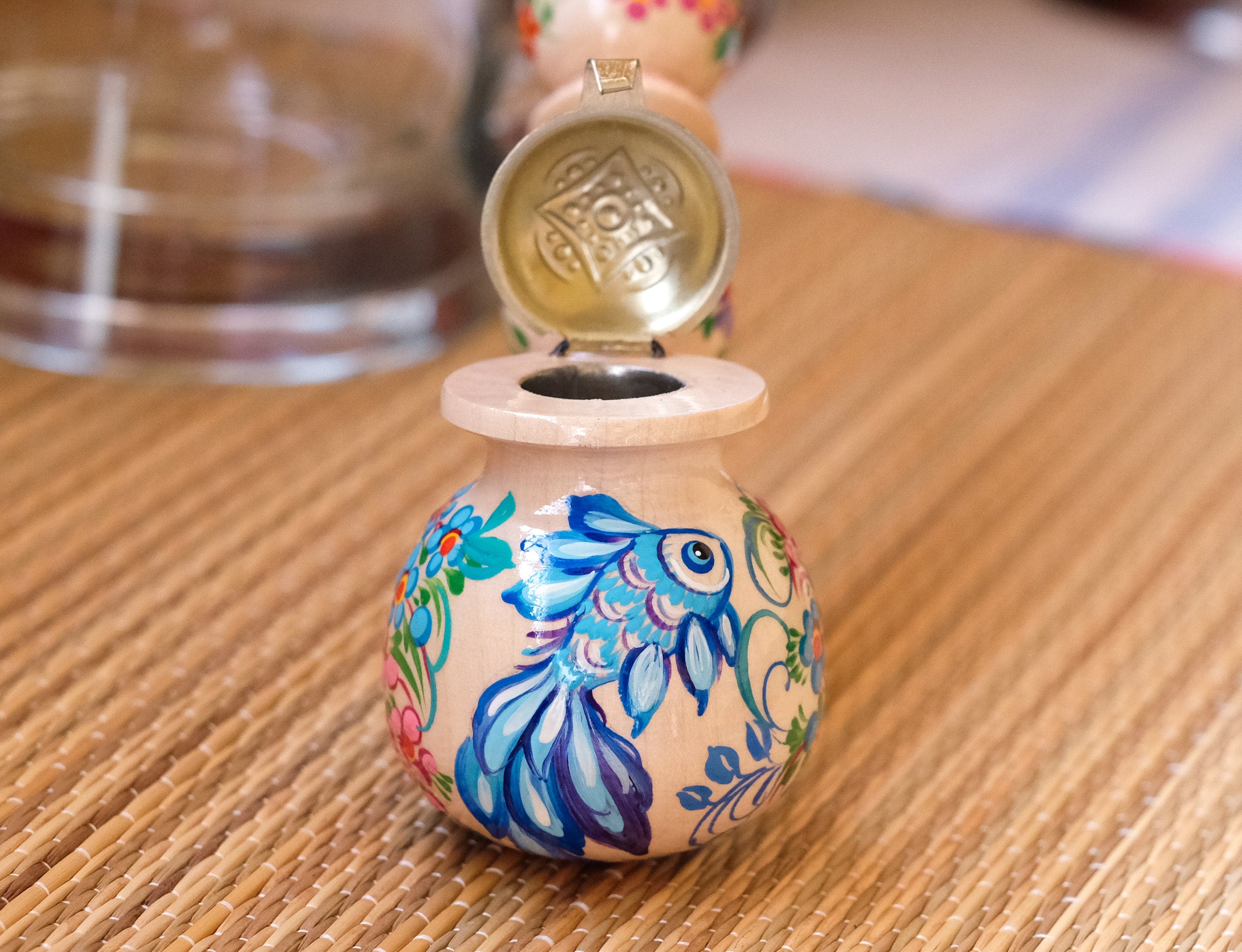 Long Wooden Fish Smoking Pipe - Hand-painted Tobacco Pipe with Ukrainian Folk Art Petrykivka