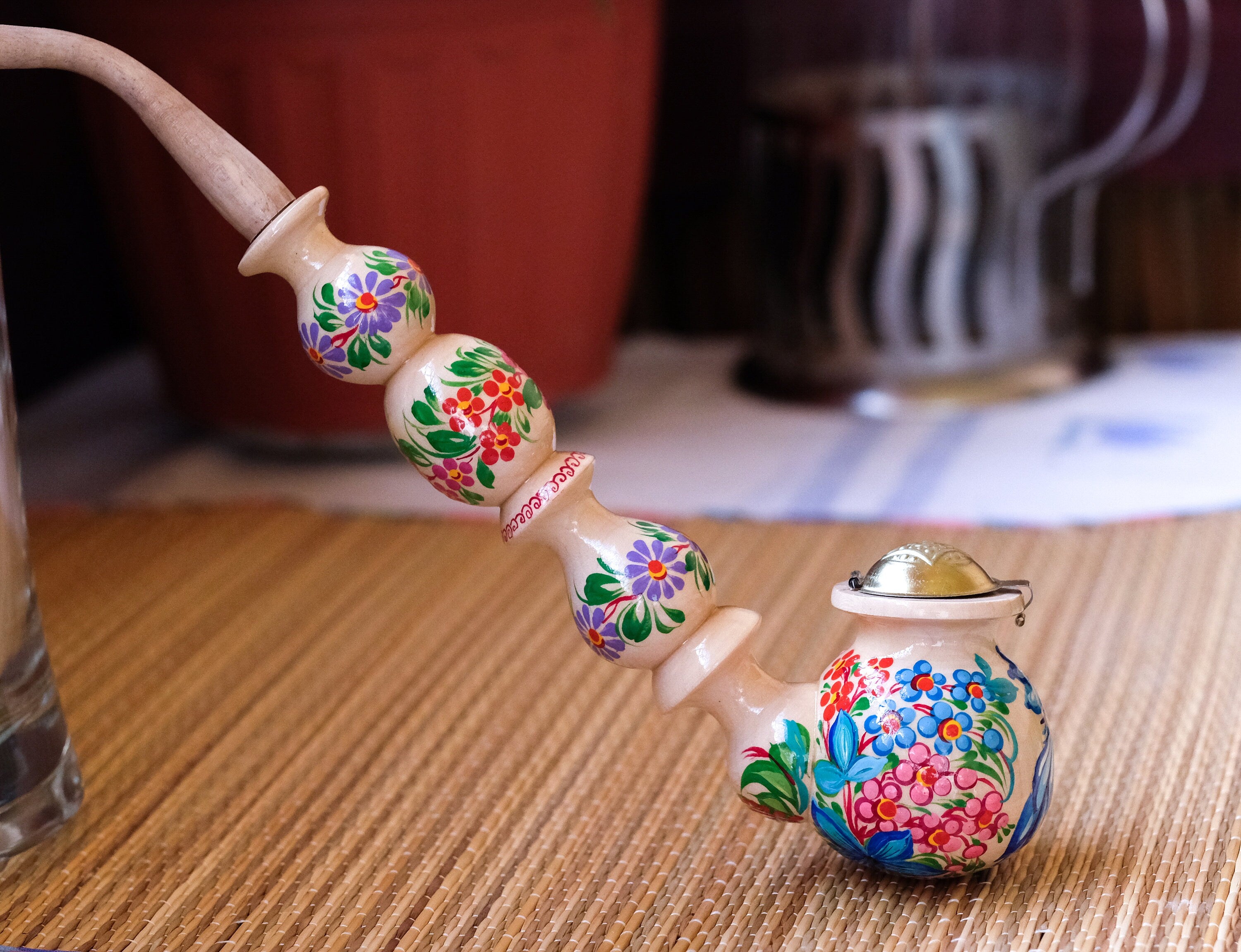 Long Wooden Fish Smoking Pipe - Hand-painted Tobacco Pipe with Ukrainian Folk Art Petrykivka