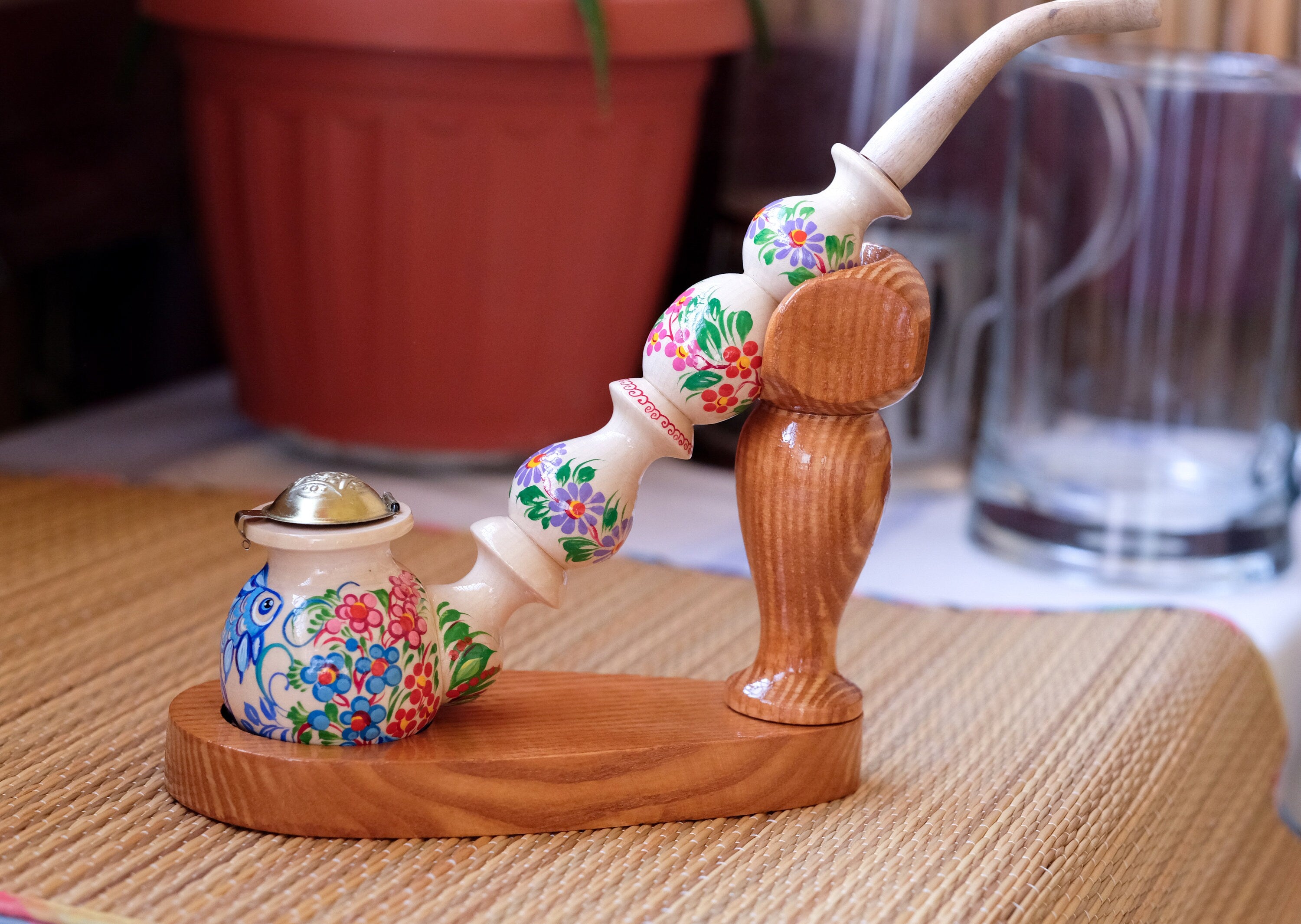 Long Wooden Fish Smoking Pipe - Hand-painted Tobacco Pipe with Ukrainian Folk Art Petrykivka