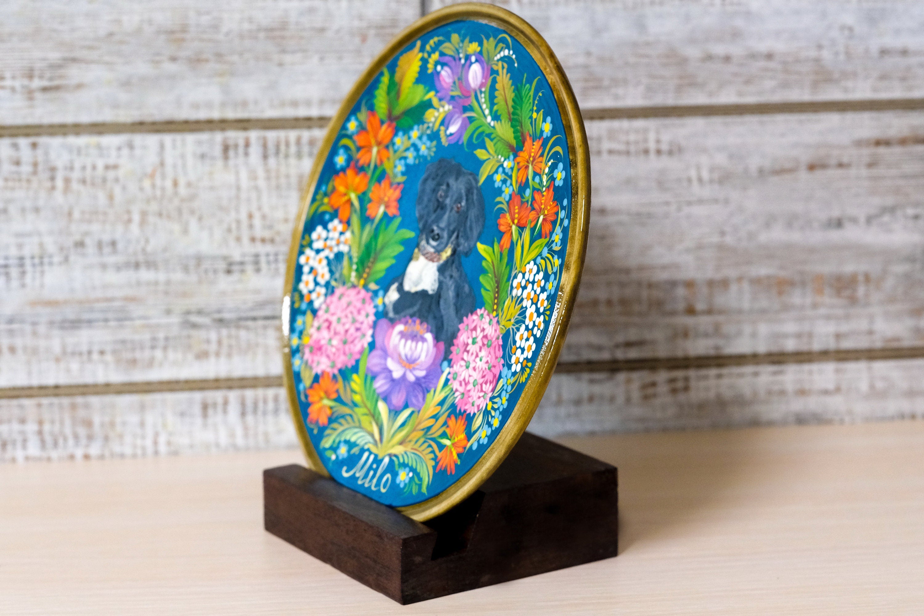 Custom Pet Portrait Painting on Wooden Plate - Personalized Pet Loss Memorial Gift, Animal Portrait Decorated with Petrykivka Art