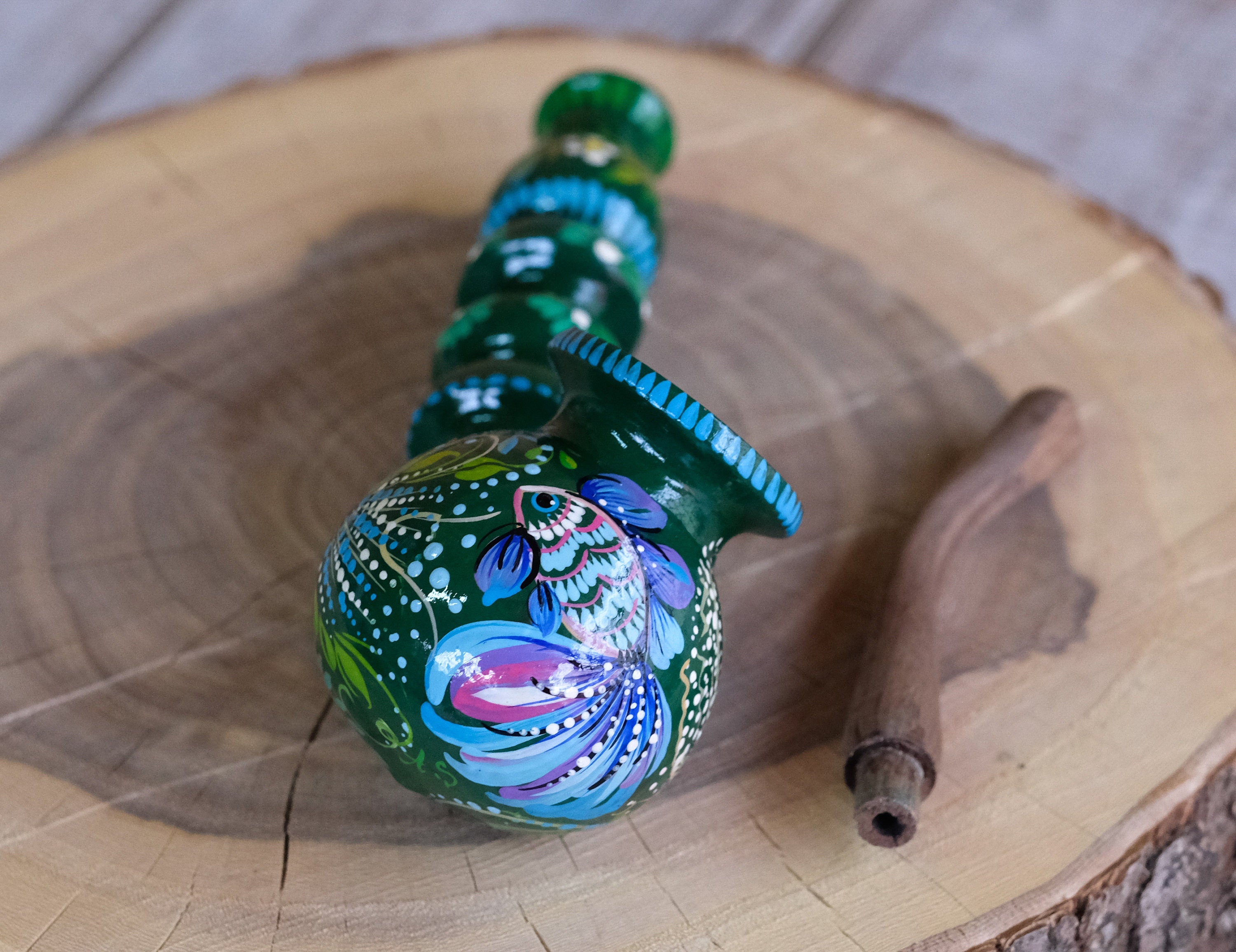 Painted Fish Smoking Pipe - Wooden Tobacco Pipe with Ukrainian Folk Art Petrykivka