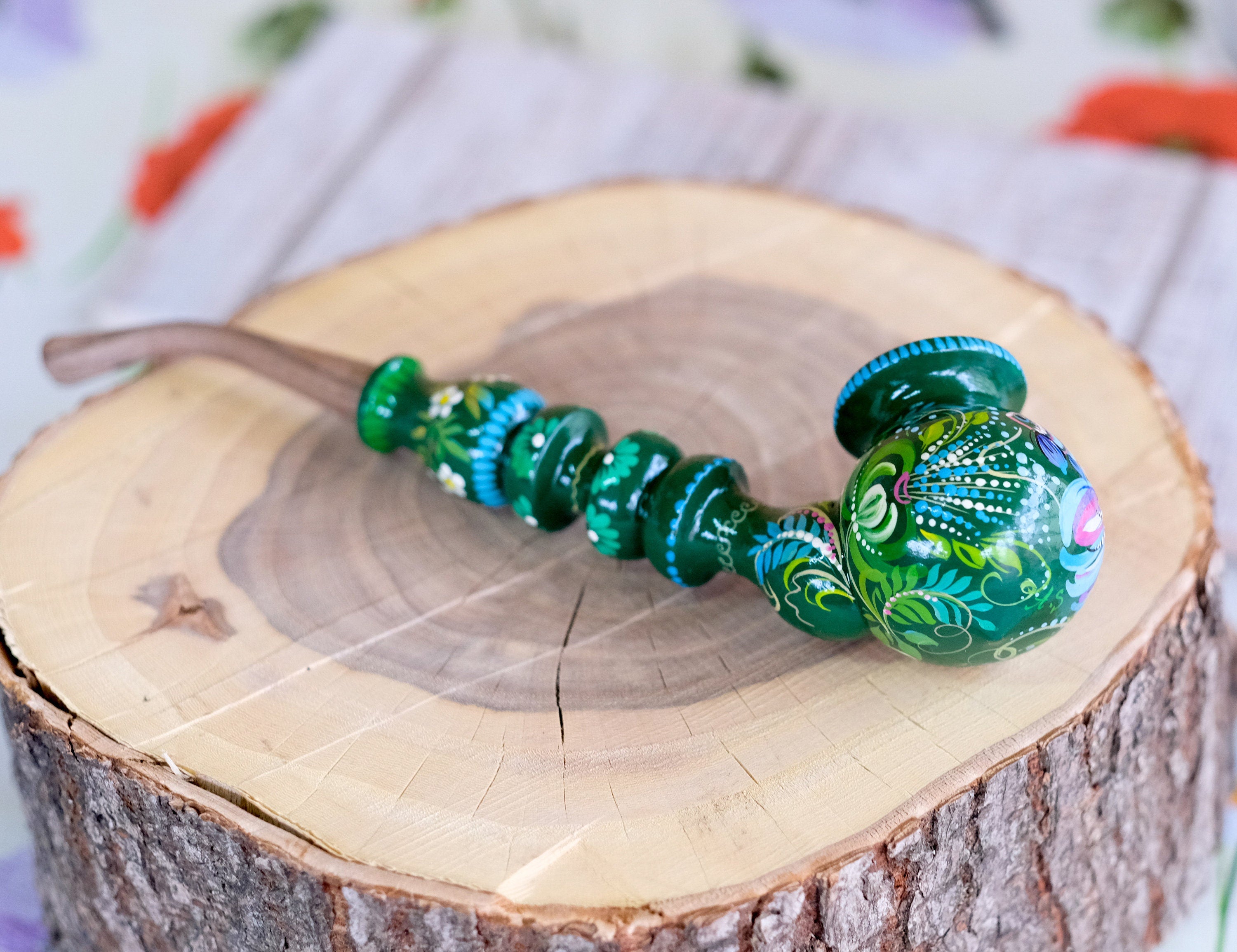 Painted Fish Smoking Pipe - Wooden Tobacco Pipe with Ukrainian Folk Art Petrykivka