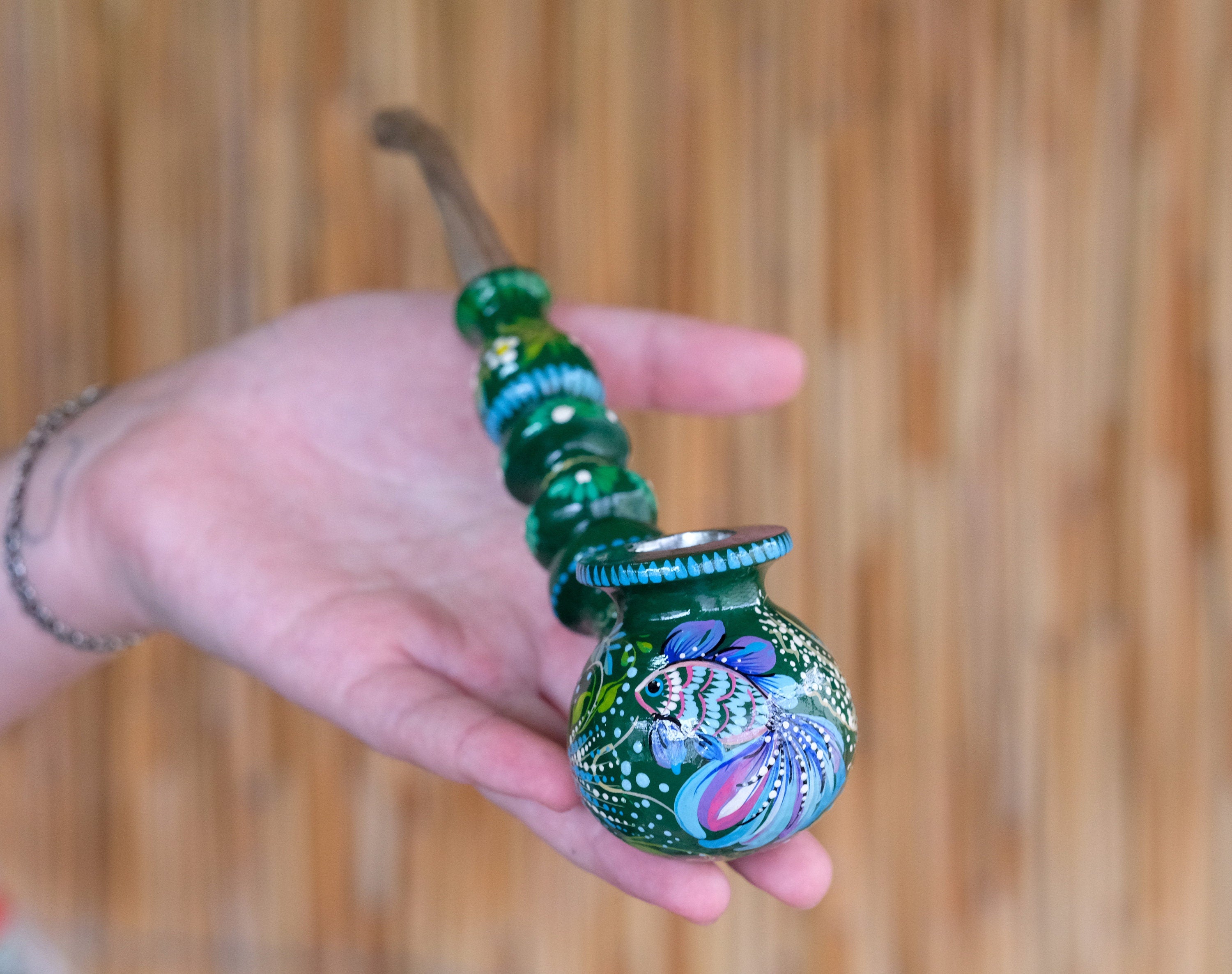 Painted Fish Smoking Pipe - Wooden Tobacco Pipe with Ukrainian Folk Art Petrykivka