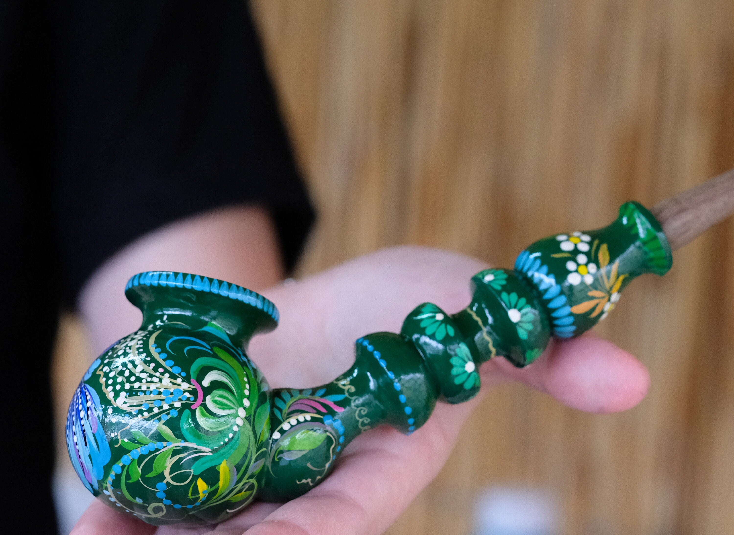 Painted Fish Smoking Pipe - Wooden Tobacco Pipe with Ukrainian Folk Art Petrykivka