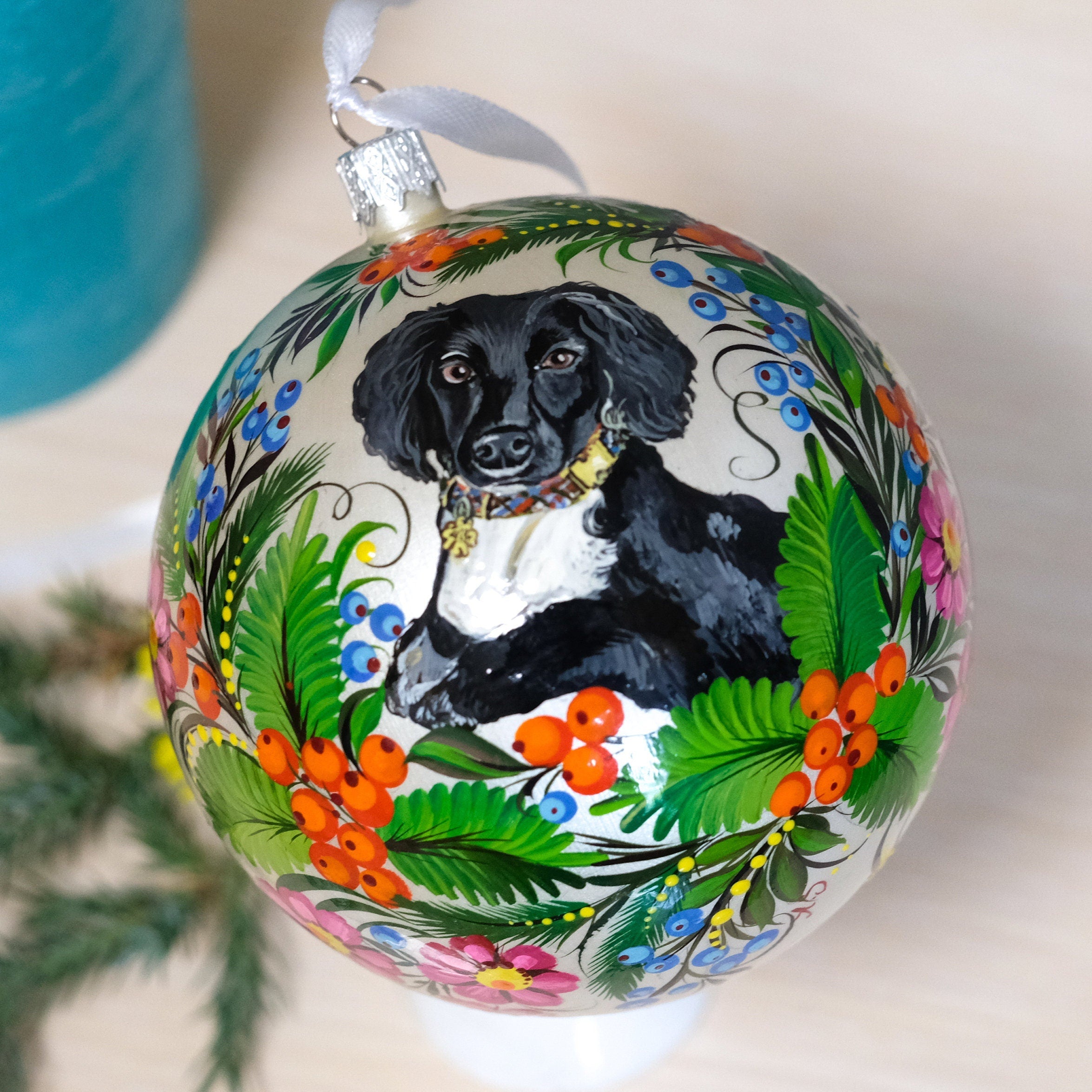 Custom Pet Portrait Painting on Christmas Ball Ornament - Personalized Pet Loss Memorial Gift, Dog Portrait Decorated with Petrykivka Art
