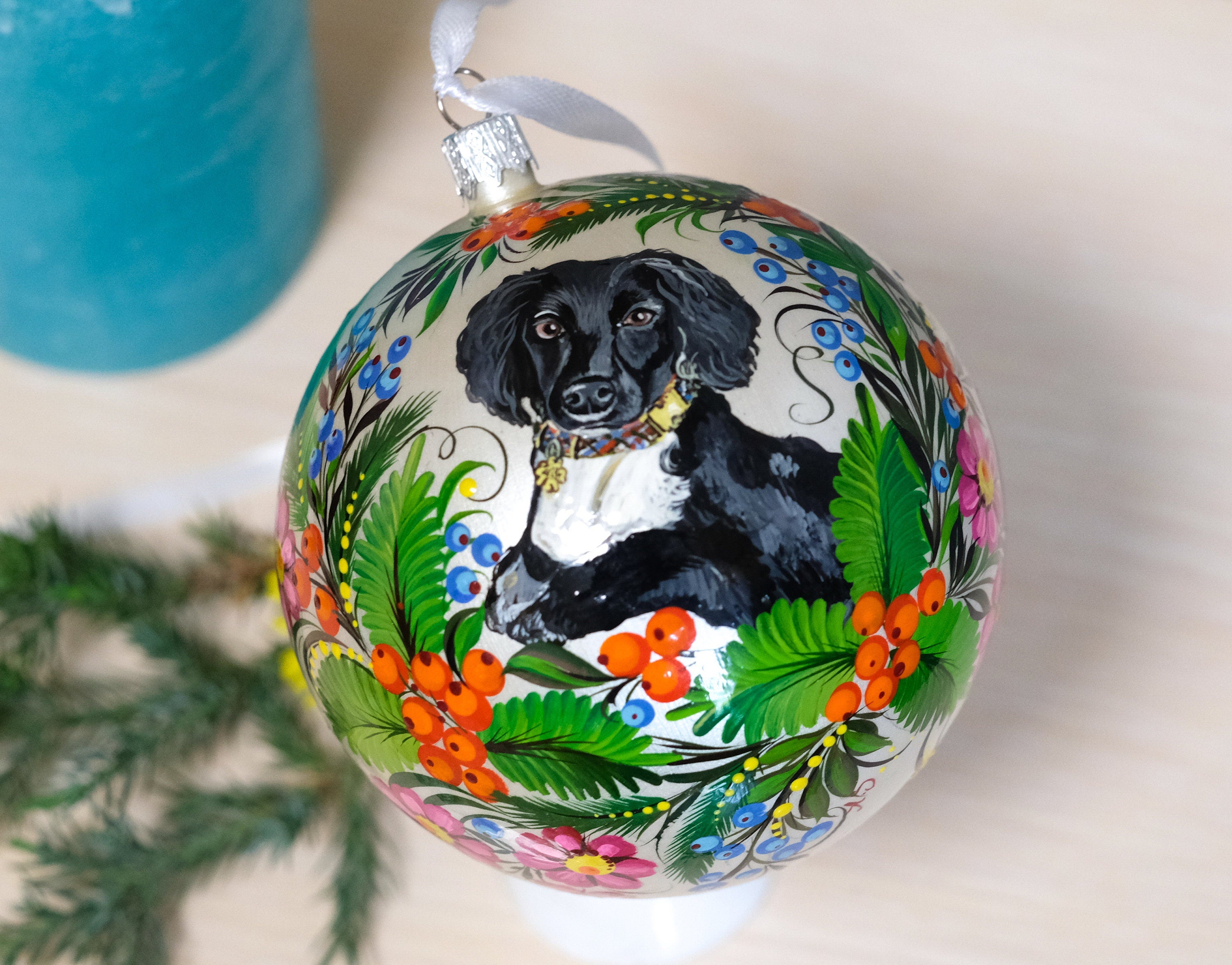 Custom Pet Portrait Painting on Christmas Ball Ornament - Personalized Pet Loss Memorial Gift, Dog Portrait Decorated with Petrykivka Art