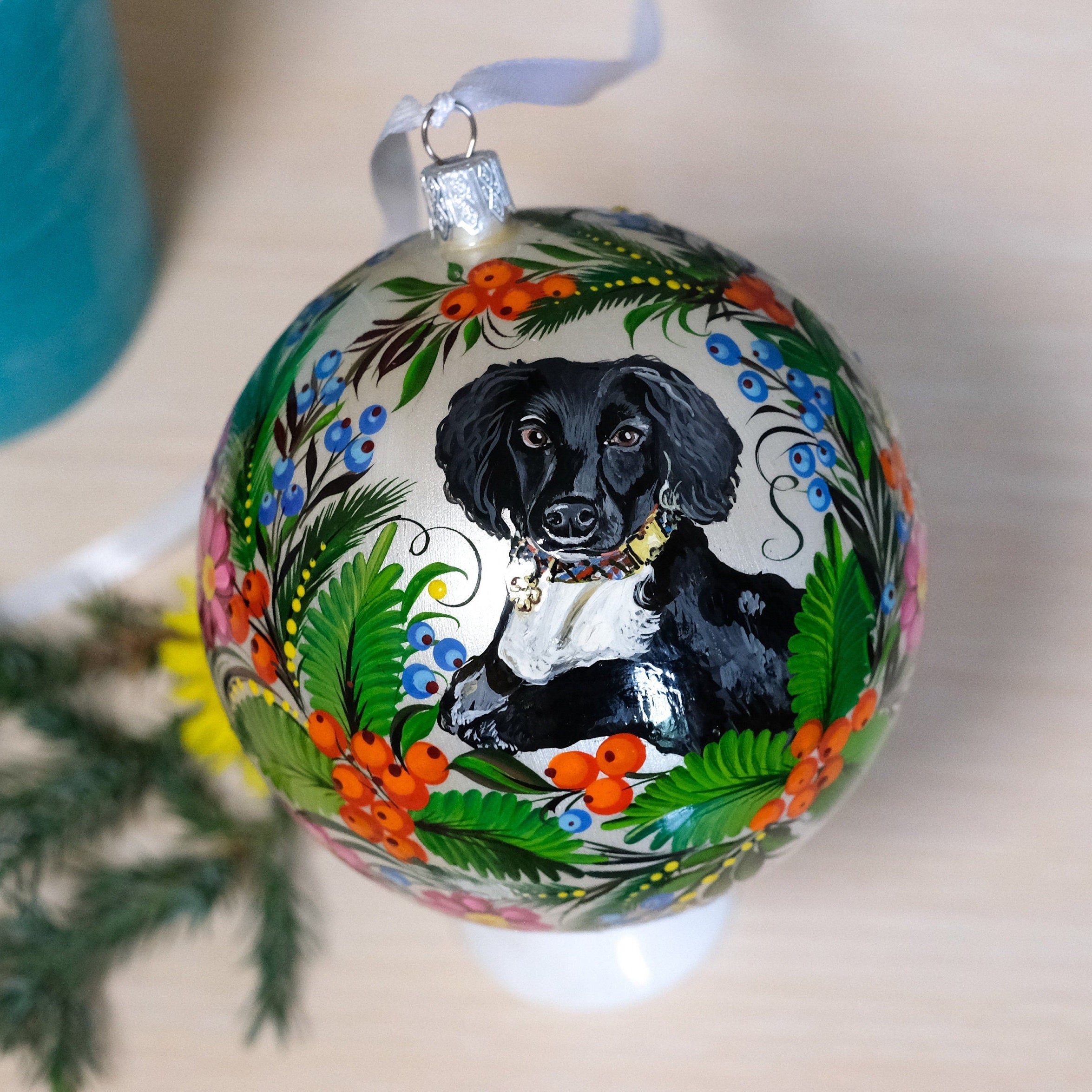 Custom Pet Portrait Painting on Christmas Ball Ornament - Personalized Pet Loss Memorial Gift, Dog Portrait Decorated with Petrykivka Art