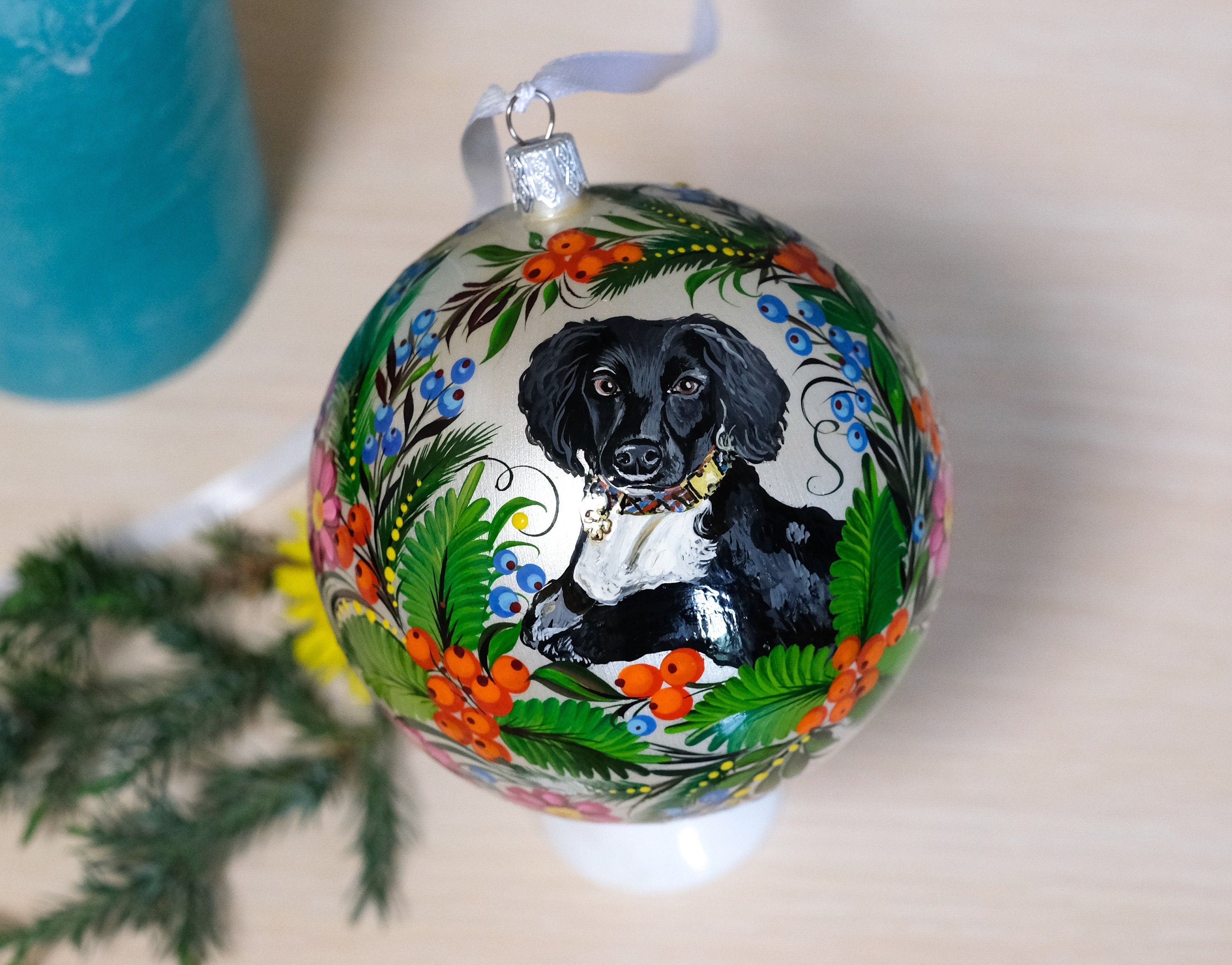 Custom Pet Portrait Painting on Christmas Ball Ornament - Personalized Pet Loss Memorial Gift, Dog Portrait Decorated with Petrykivka Art