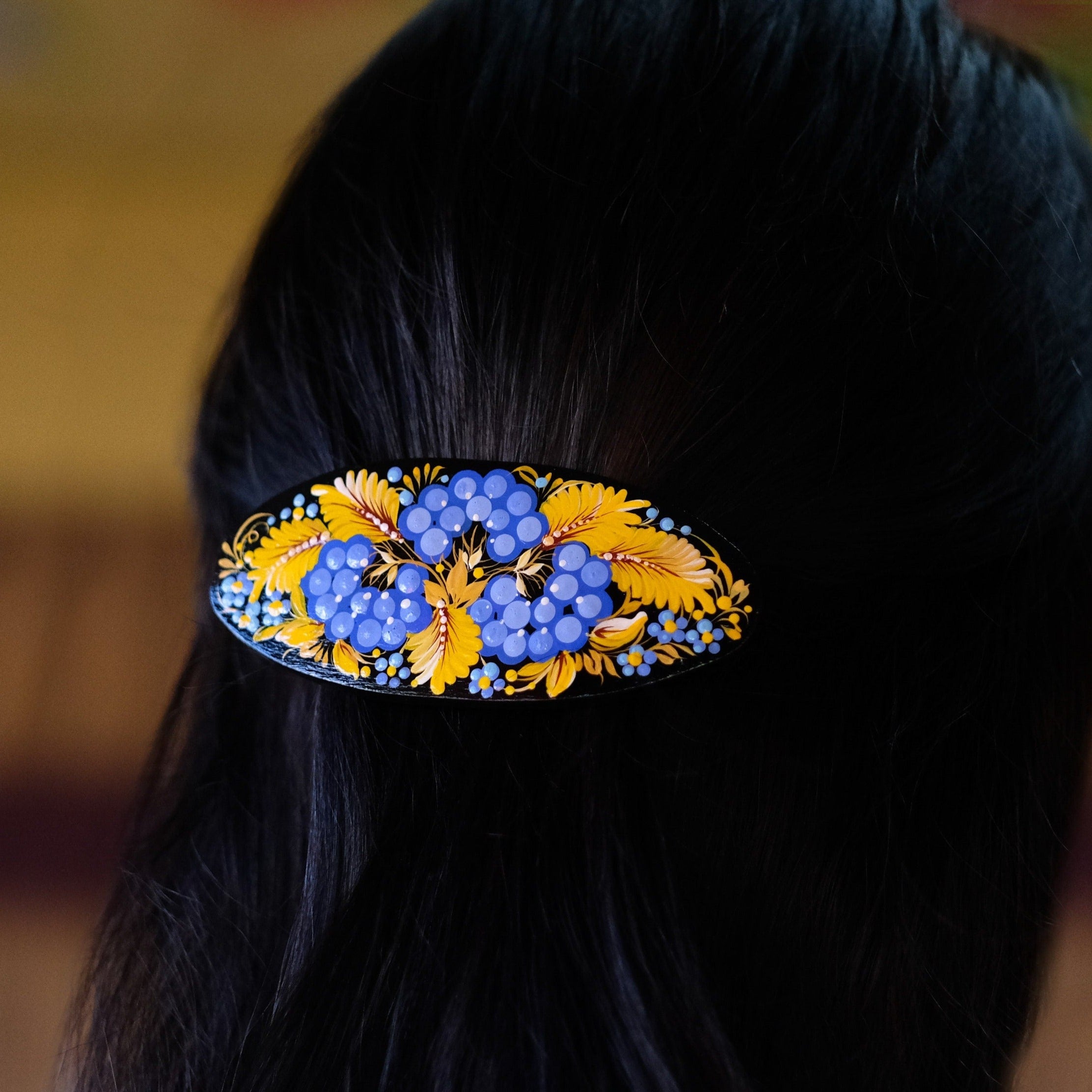 Ukraine hair barrette, Blue and yellow barrette, French hair barrette, Wooden hair clip, Petrykivka flower barrette, Hair barrette women