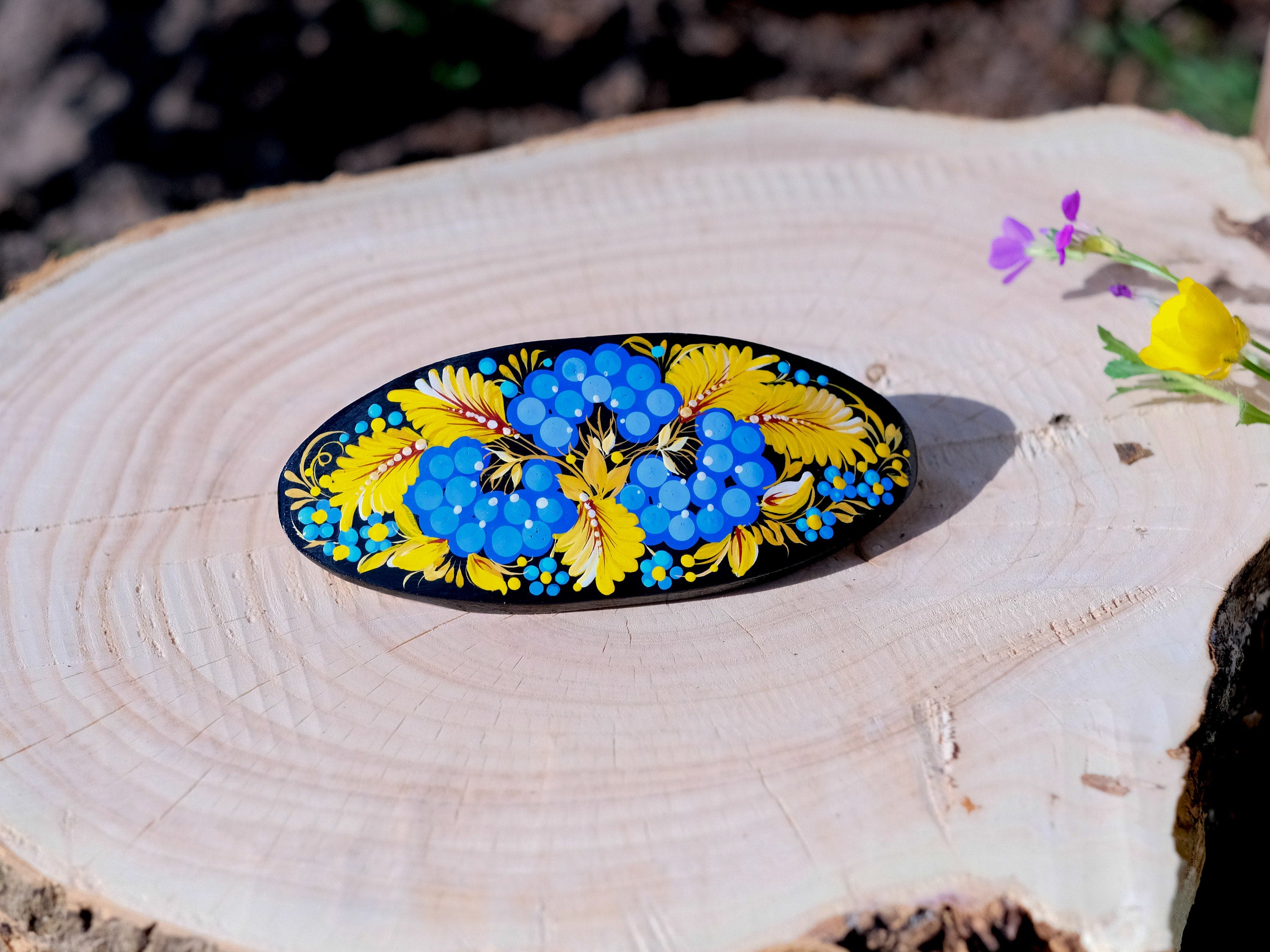 Ukraine hair barrette, Blue and yellow barrette, French hair barrette, Wooden hair clip, Petrykivka flower barrette, Hair barrette women