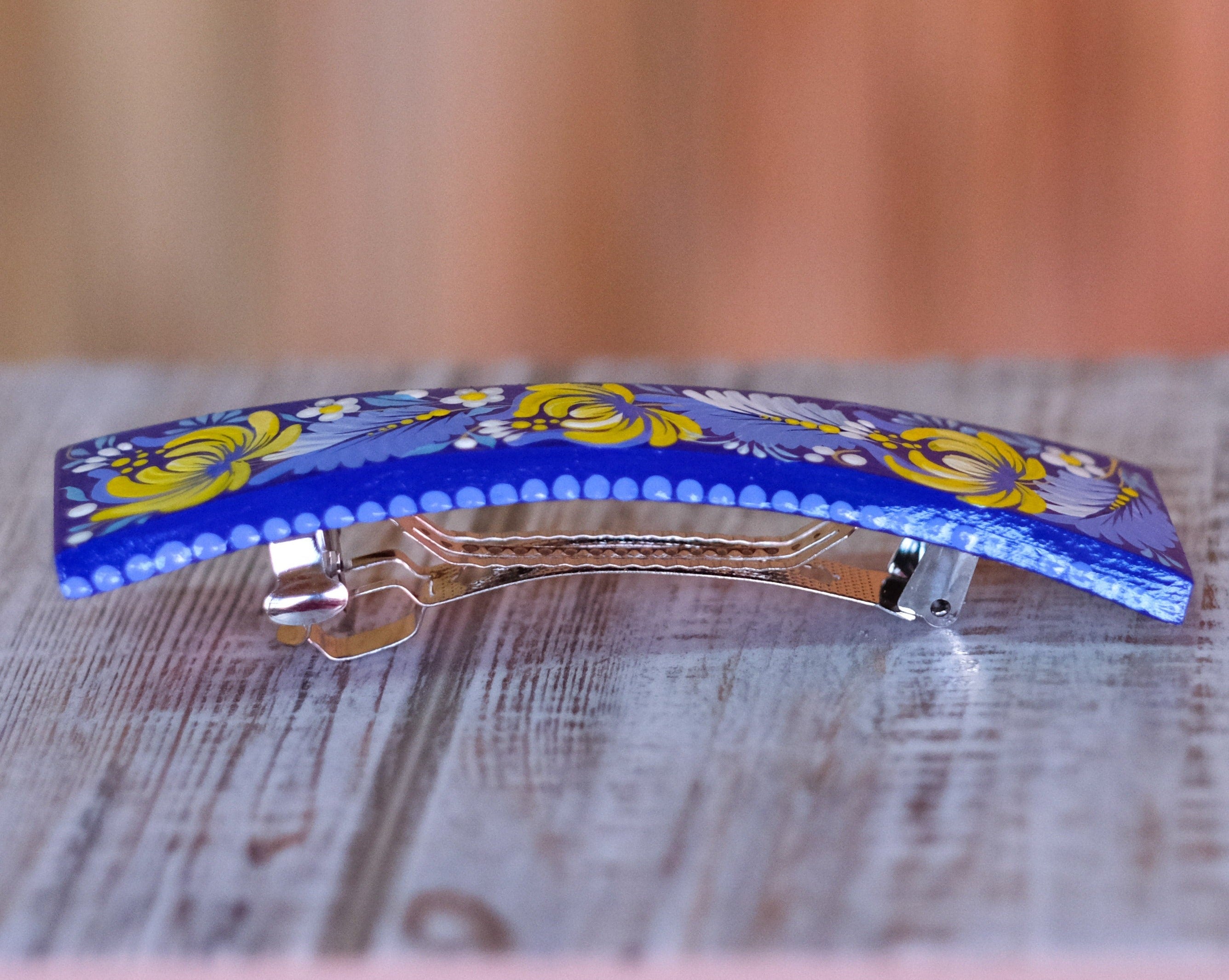 Ukraine hair barrette, Blue and yellow barrette, French hair barrette, Wooden hair clip, Petrykivka flower barrette, Hair barrette women