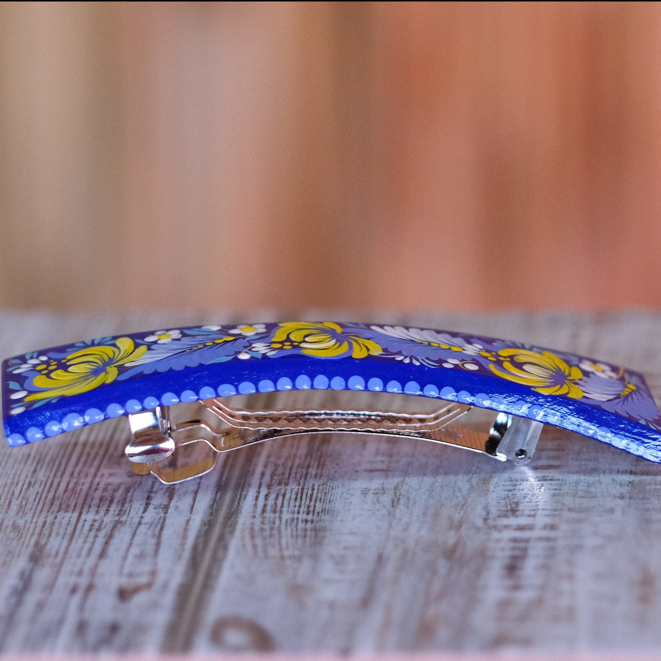 Ukraine hair barrette, Blue and yellow barrette, French hair barrette, Wooden hair clip, Petrykivka flower barrette, Hair barrette women