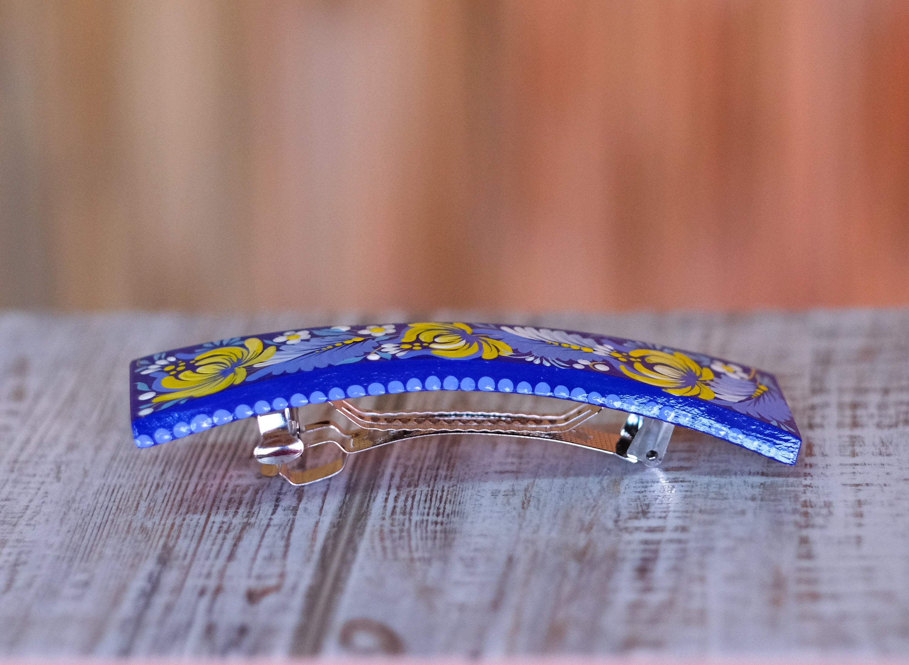 Painted Wooden Ukrainian Hair Barrette with Adjustable Fit - Artisanal Petrykivka Art French Hair Clip, Blue and Yellow Flower Barrette