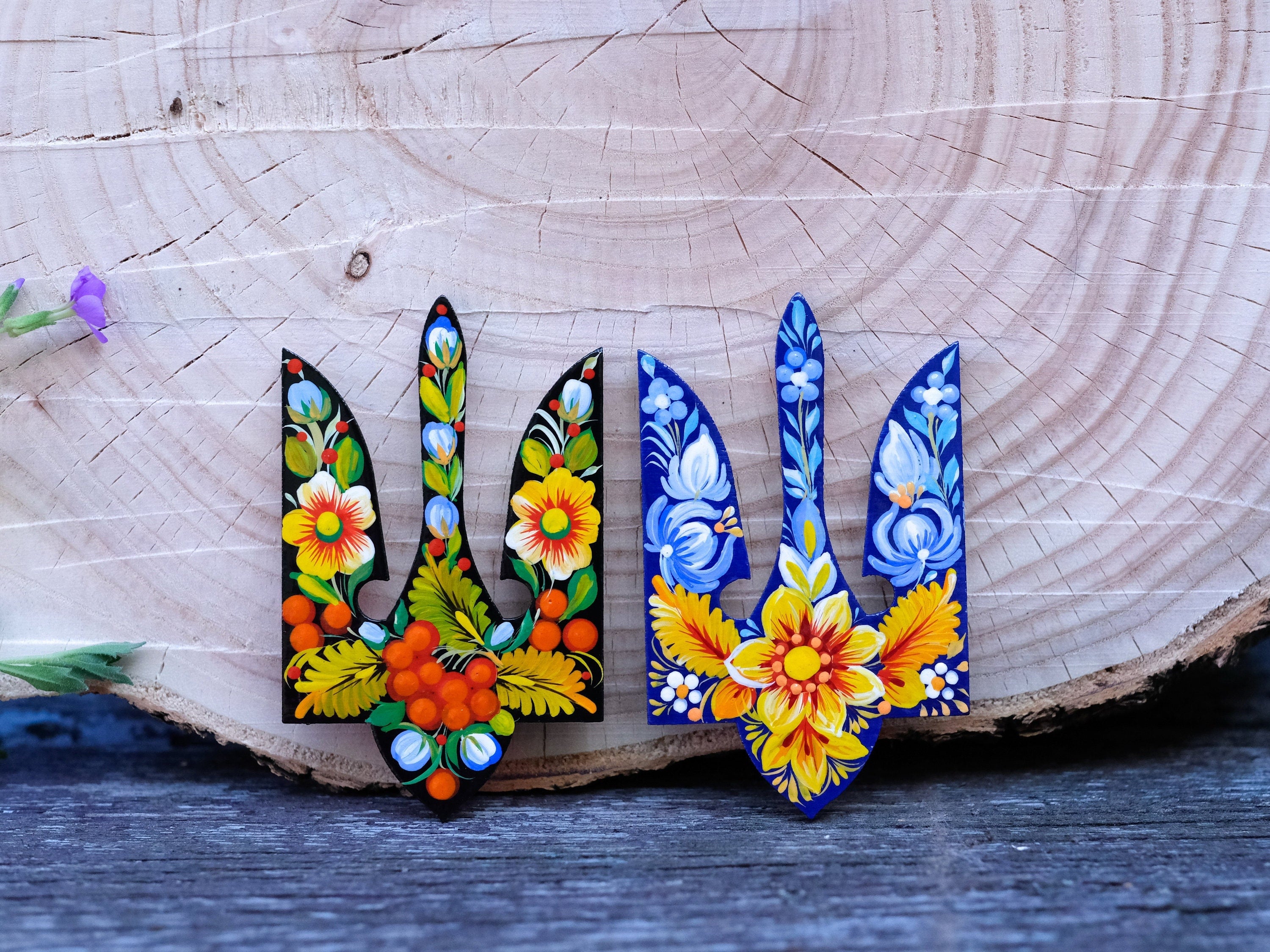 Painted Wooden Ukraine Emblem Fridge Magnet - Blue and Yellow Flower Magnet, Ukrainian Trident Magnet