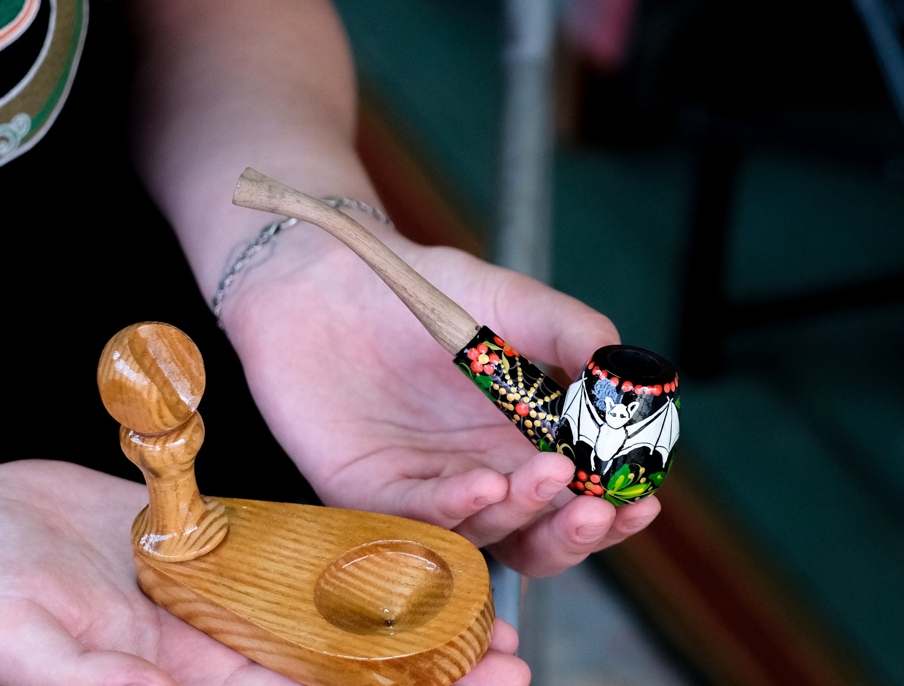 Painted Flying Bat Smoking Pipe - Halloween Wooden Tobacco Pipe Made in Ukraine