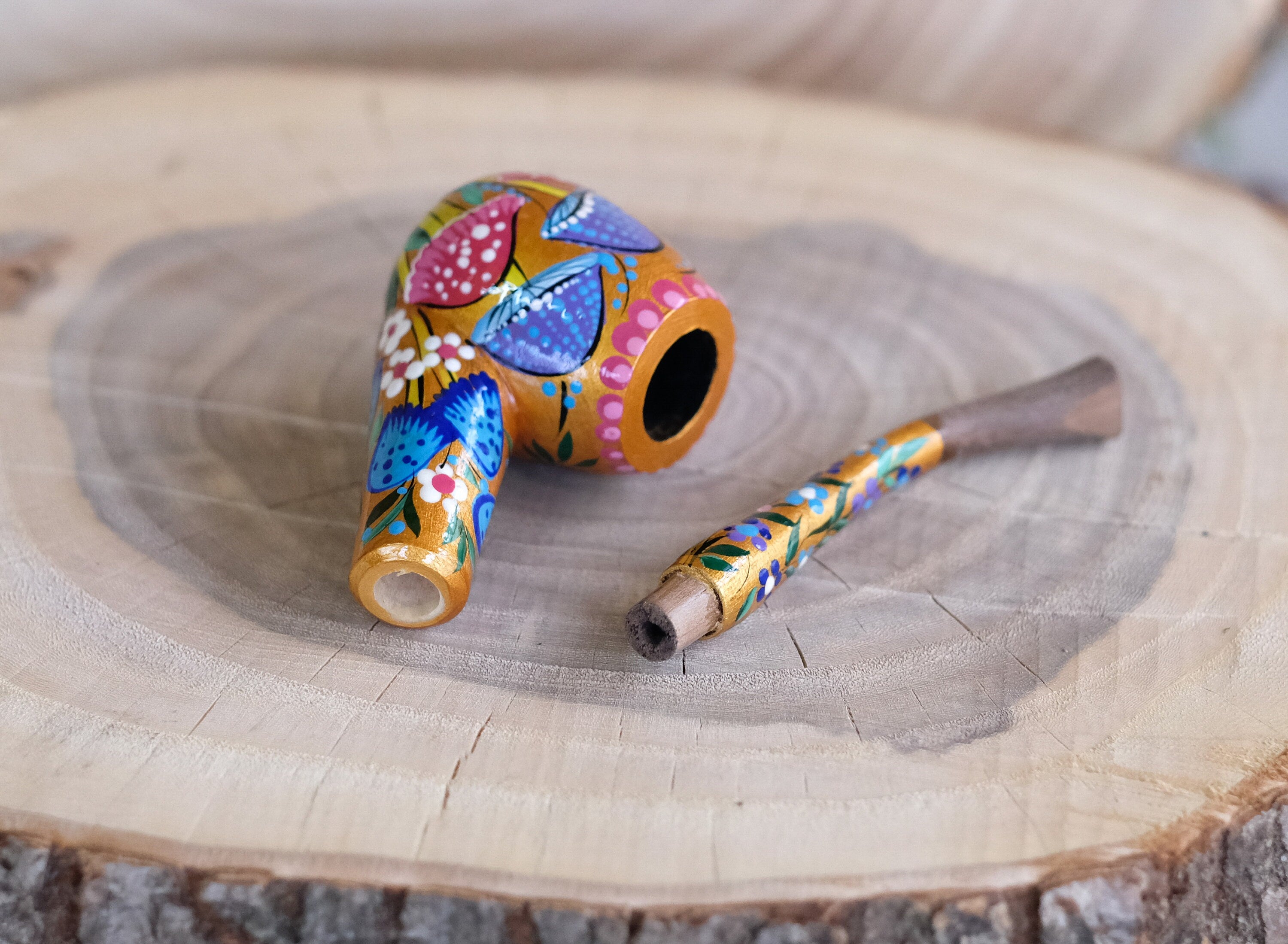 Painted Wooden Mushroom Smoking Pipe - Ukrainian Folk Art Tobacco Pipe