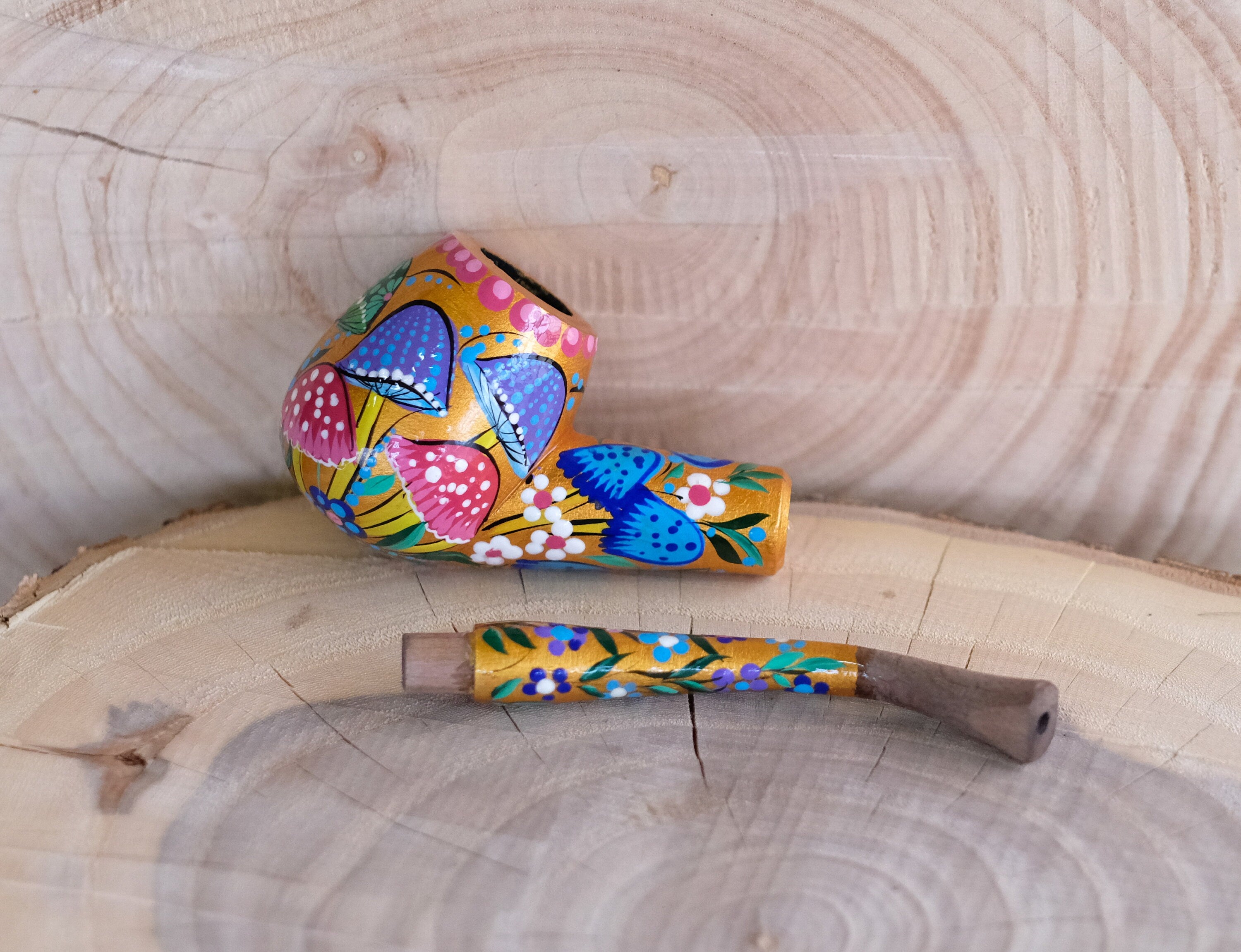 Painted Wooden Mushroom Smoking Pipe - Ukrainian Folk Art Tobacco Pipe