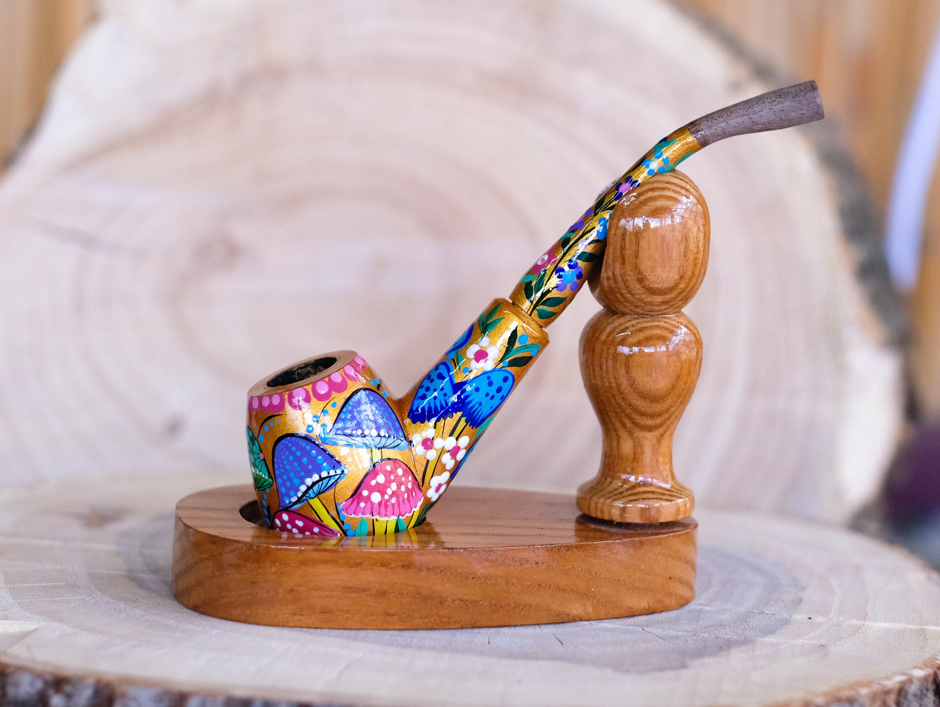 Painted Wooden Mushroom Smoking Pipe - Ukrainian Folk Art Tobacco Pipe