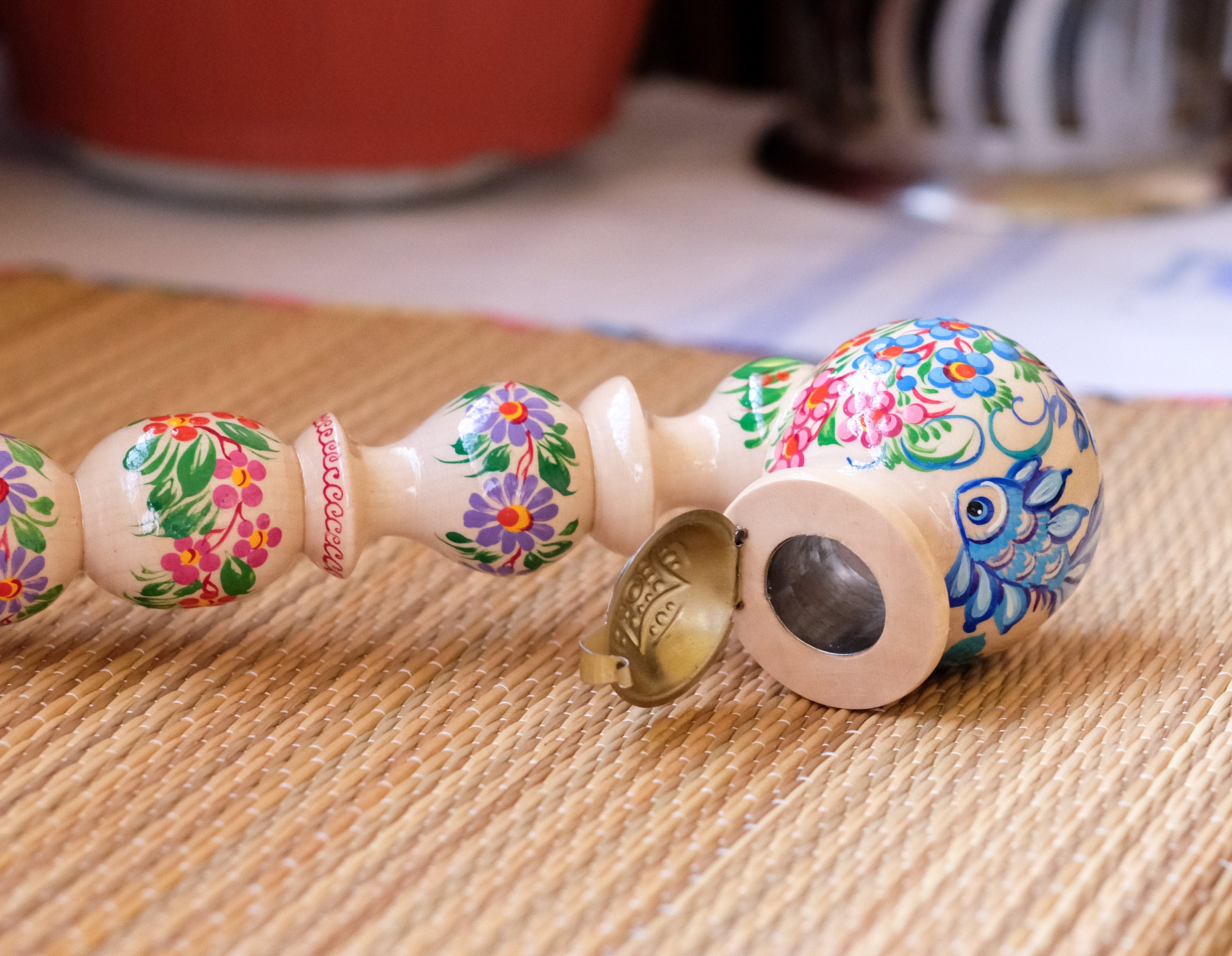 Long Wooden Fish Smoking Pipe - Hand-painted Tobacco Pipe with Ukrainian Folk Art Petrykivka