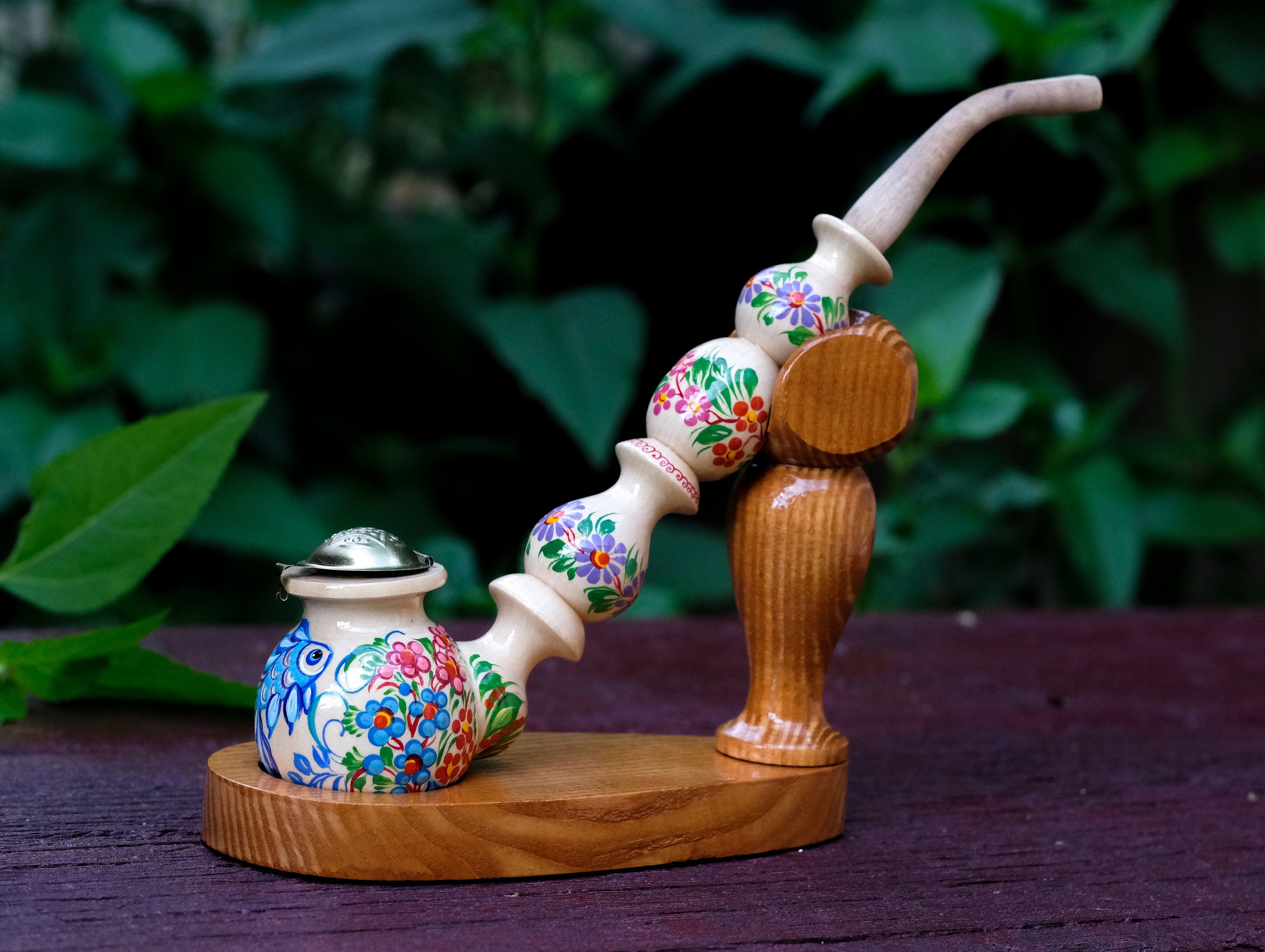 Long Wooden Fish Smoking Pipe - Hand-painted Tobacco Pipe with Ukrainian Folk Art Petrykivka