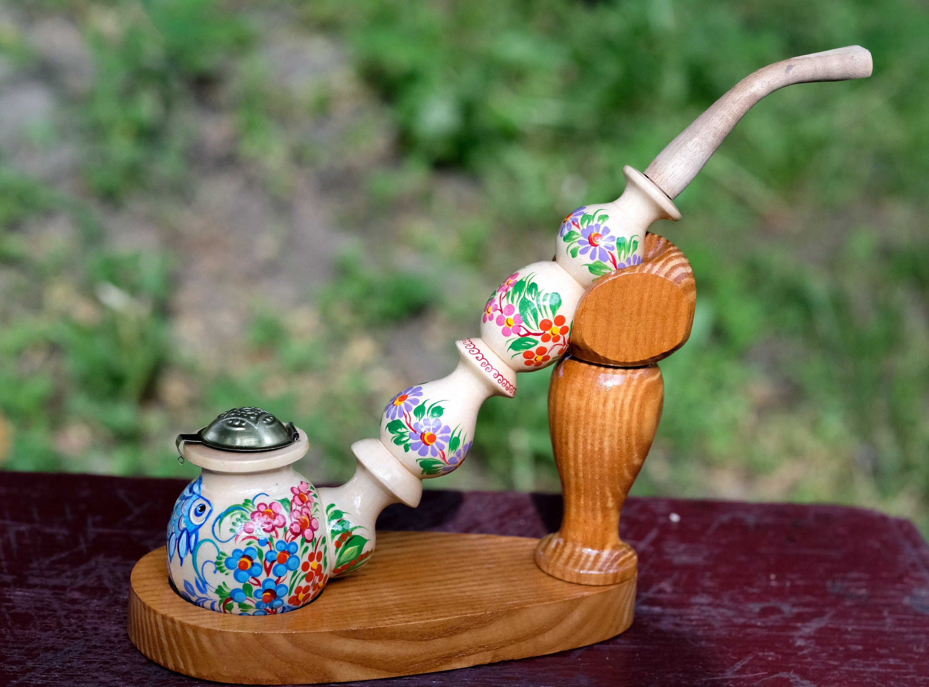 Long Wooden Fish Smoking Pipe - Hand-painted Tobacco Pipe with Ukrainian Folk Art Petrykivka