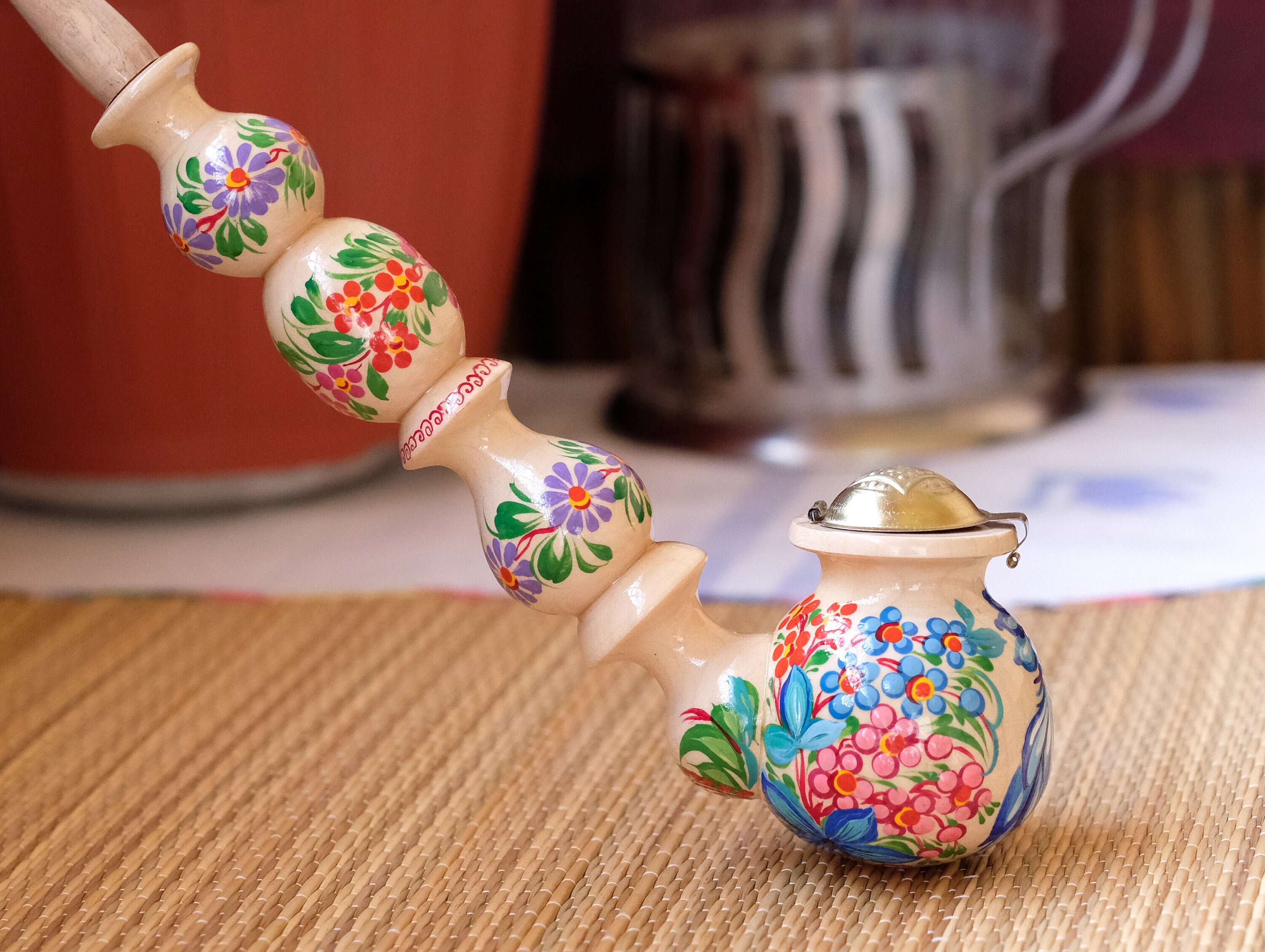 Long Wooden Fish Smoking Pipe - Hand-painted Tobacco Pipe with Ukrainian Folk Art Petrykivka