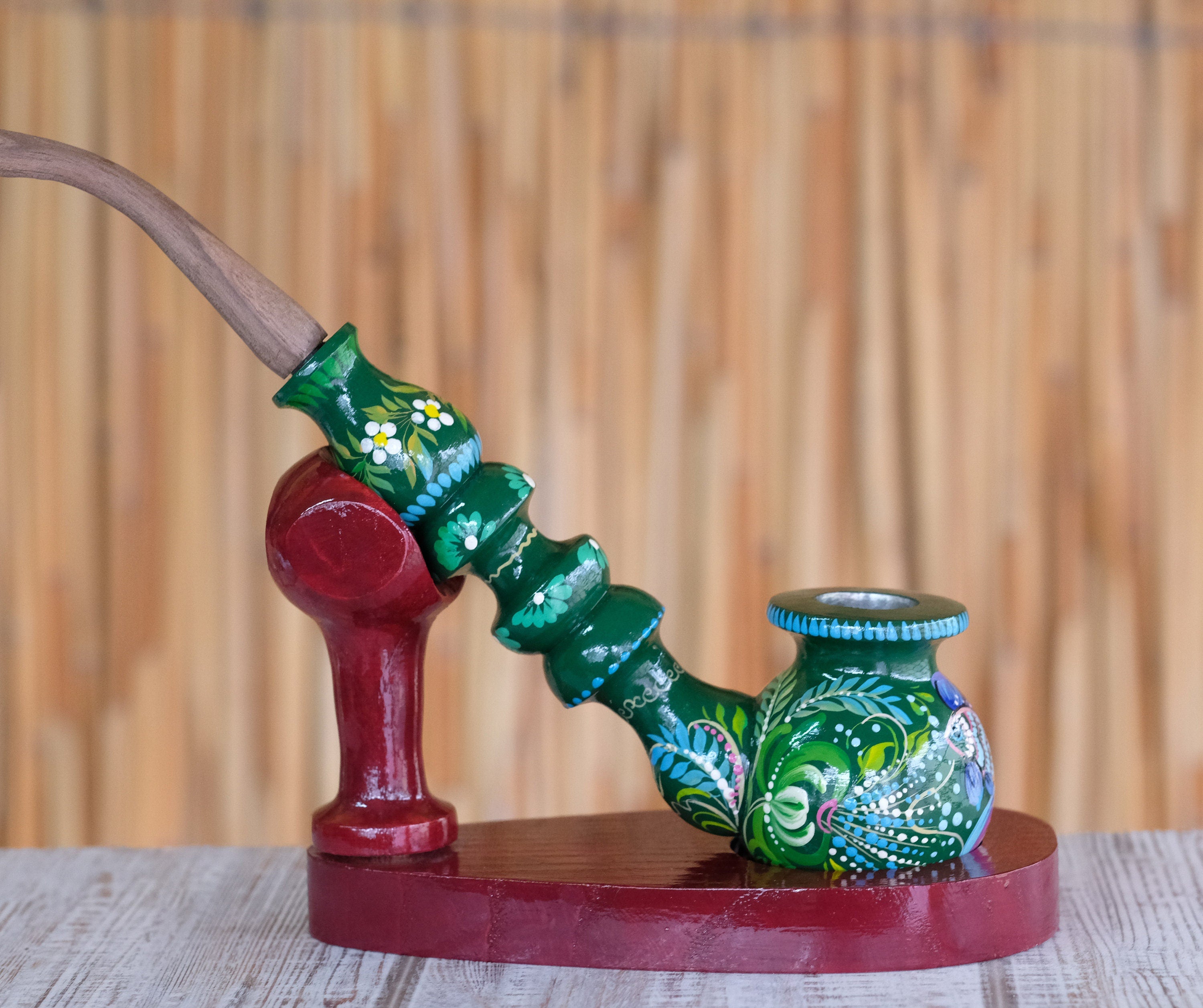 Painted Fish Smoking Pipe - Wooden Tobacco Pipe with Ukrainian Folk Art Petrykivka