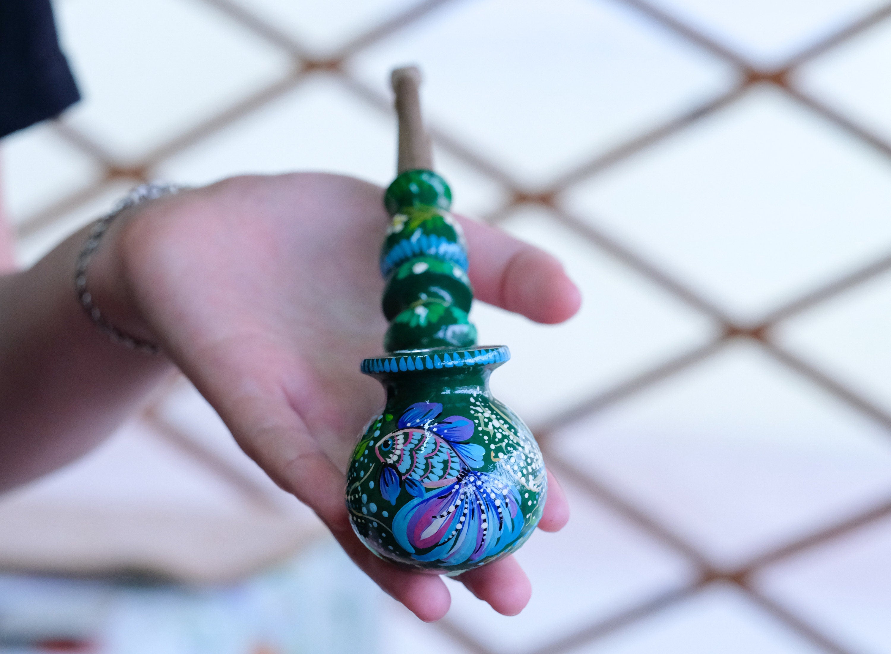 Painted Fish Smoking Pipe - Wooden Tobacco Pipe with Ukrainian Folk Art Petrykivka