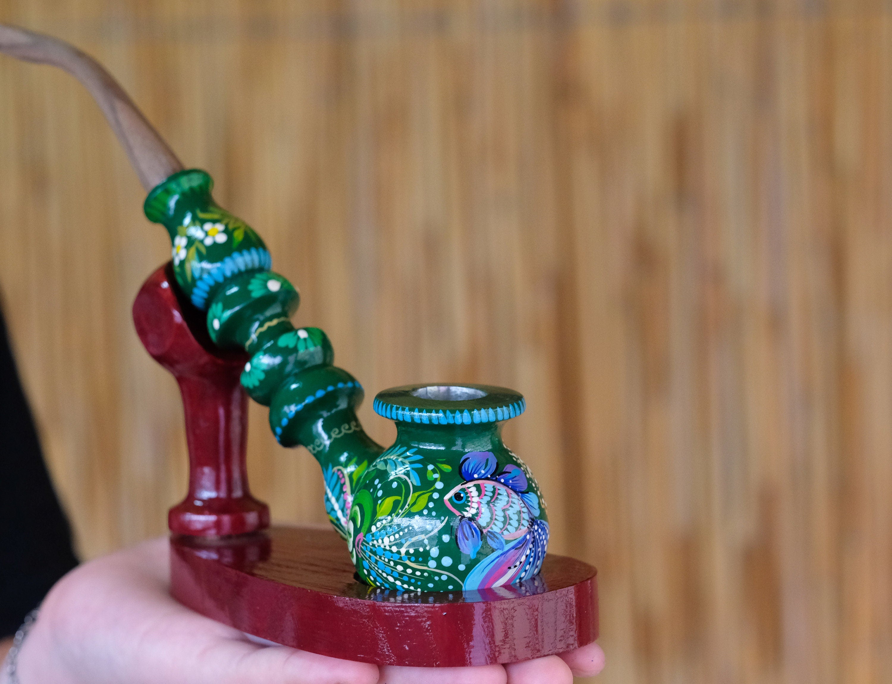 Painted Fish Smoking Pipe - Wooden Tobacco Pipe with Ukrainian Folk Art Petrykivka