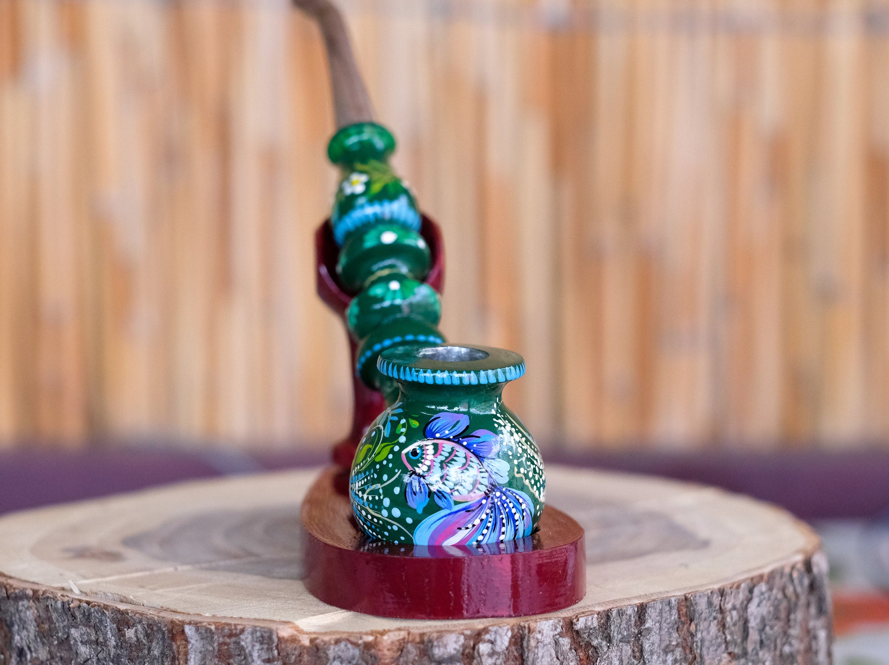 Painted Fish Smoking Pipe - Wooden Tobacco Pipe with Ukrainian Folk Art Petrykivka