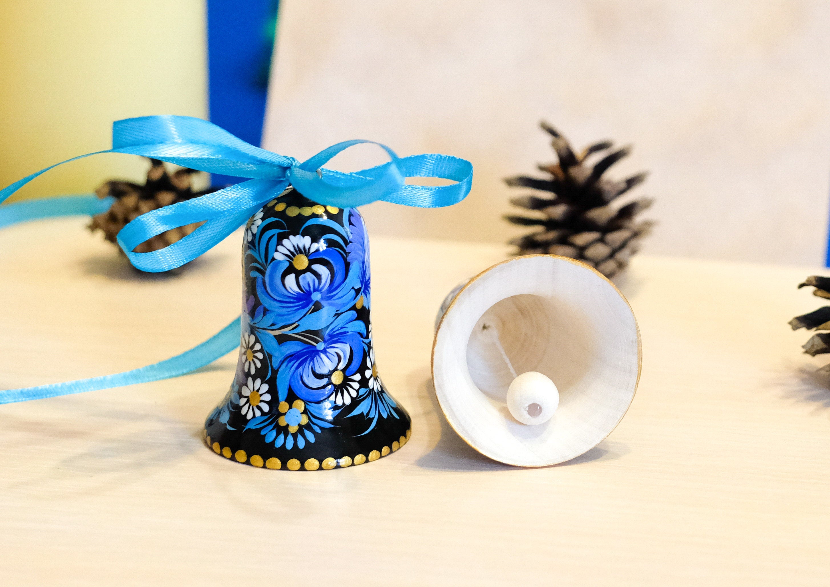 Ukrainian Christmas ornament bell, Christmas bell decoration, Painted Petrykivka ornament, Blue flower tree decor, Unique wooden ornament