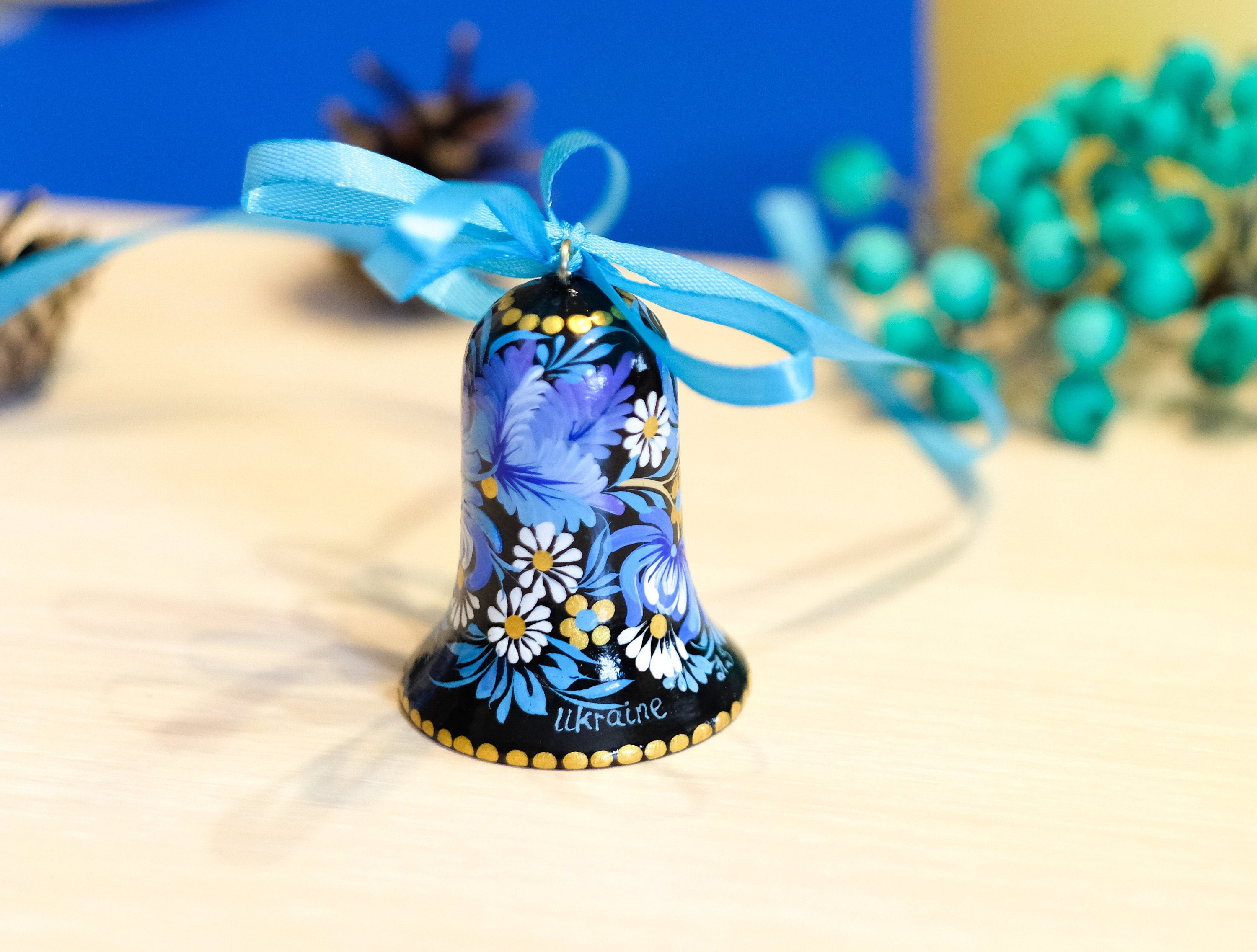 Ukrainian Christmas ornament bell, Christmas bell decoration, Painted Petrykivka ornament, Blue flower tree decor, Unique wooden ornament