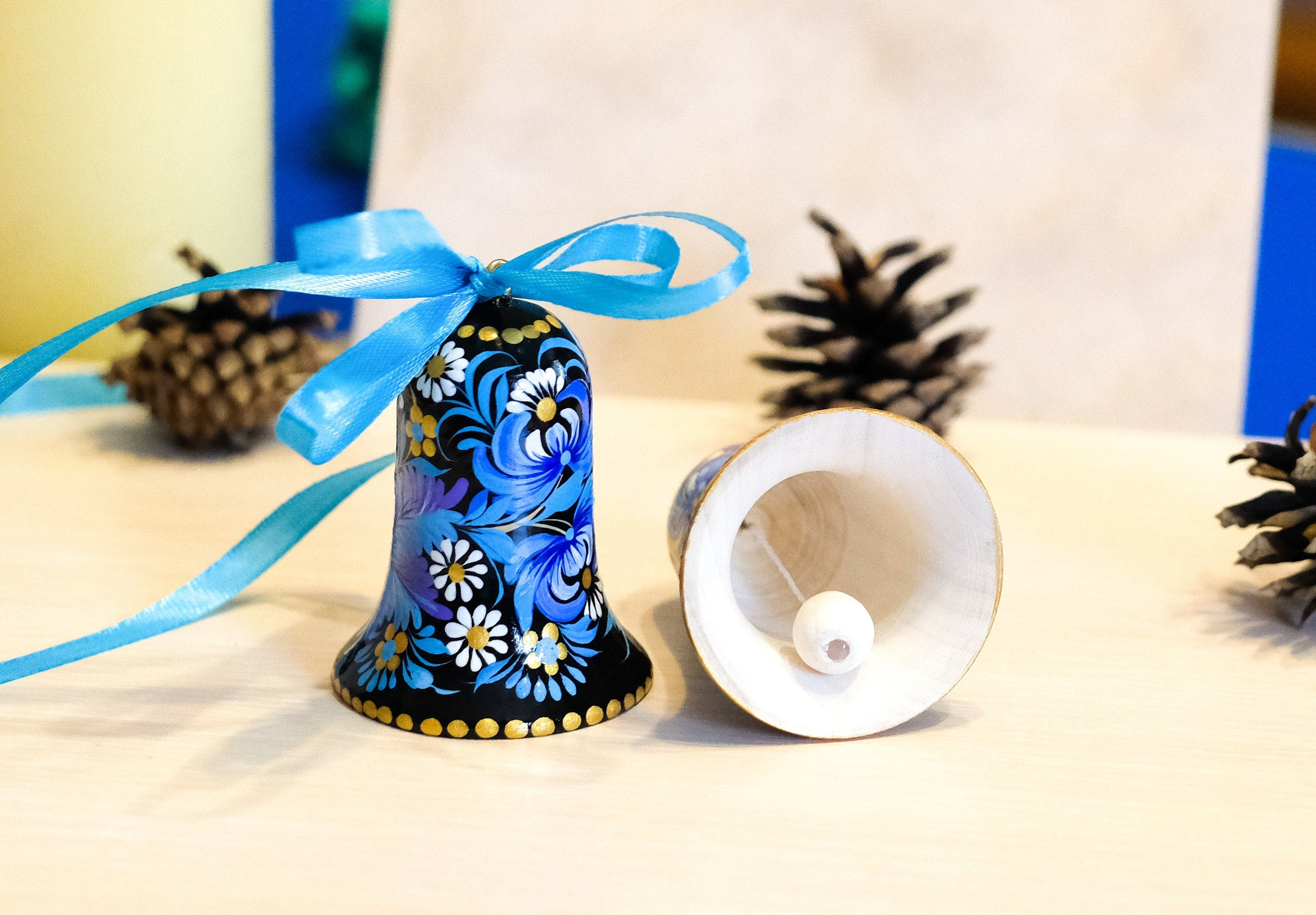 Ukrainian Christmas ornament bell, Christmas bell decoration, Painted Petrykivka ornament, Blue flower tree decor, Unique wooden ornament